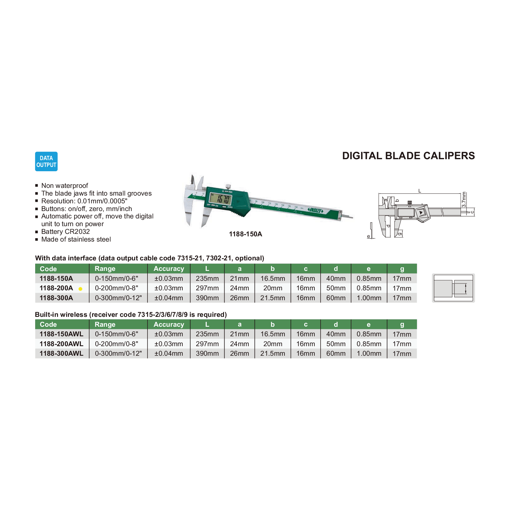 INSIZE Measuring Equipment Insize Digital Blade Caliper 0-200mm / 0-8" Range Series 1188-200A