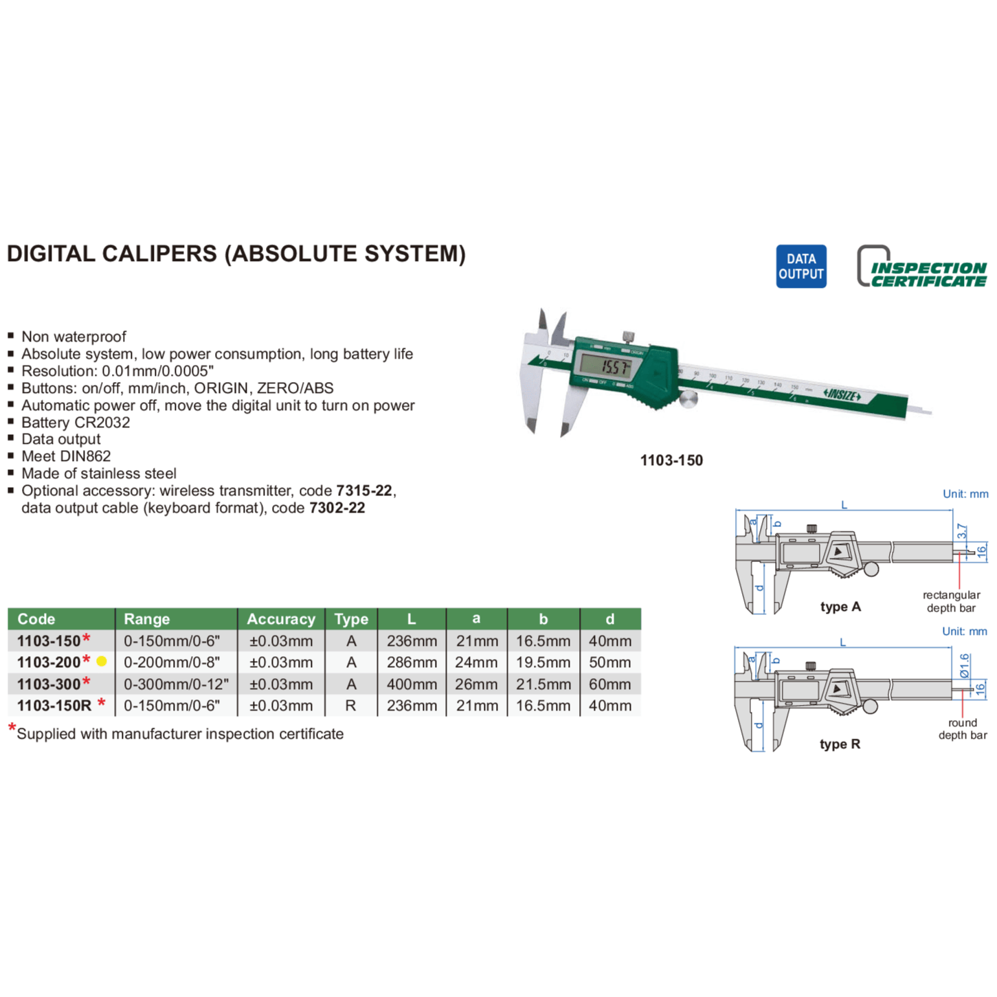 INSIZE Measuring Equipment Insize Digital Caliper 0-200mm / 0-8" Range Series 1103-200