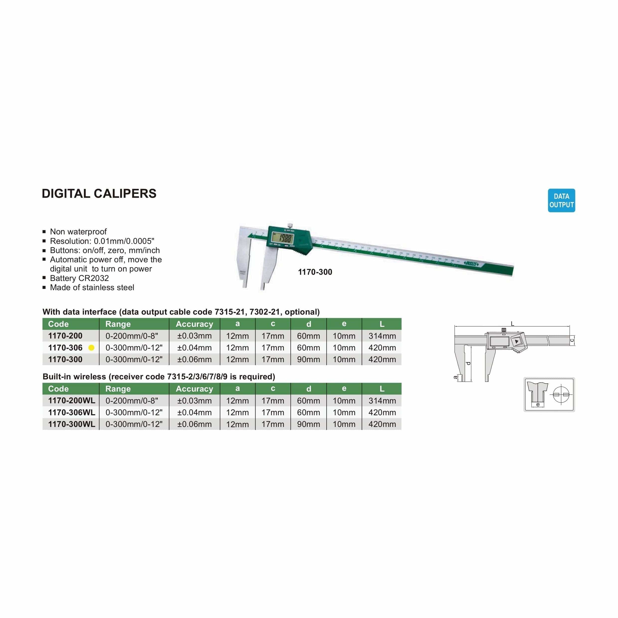 INSIZE Measuring Equipment Insize Digital Caliper 0-300mm/0-12" Range Series 1170-306