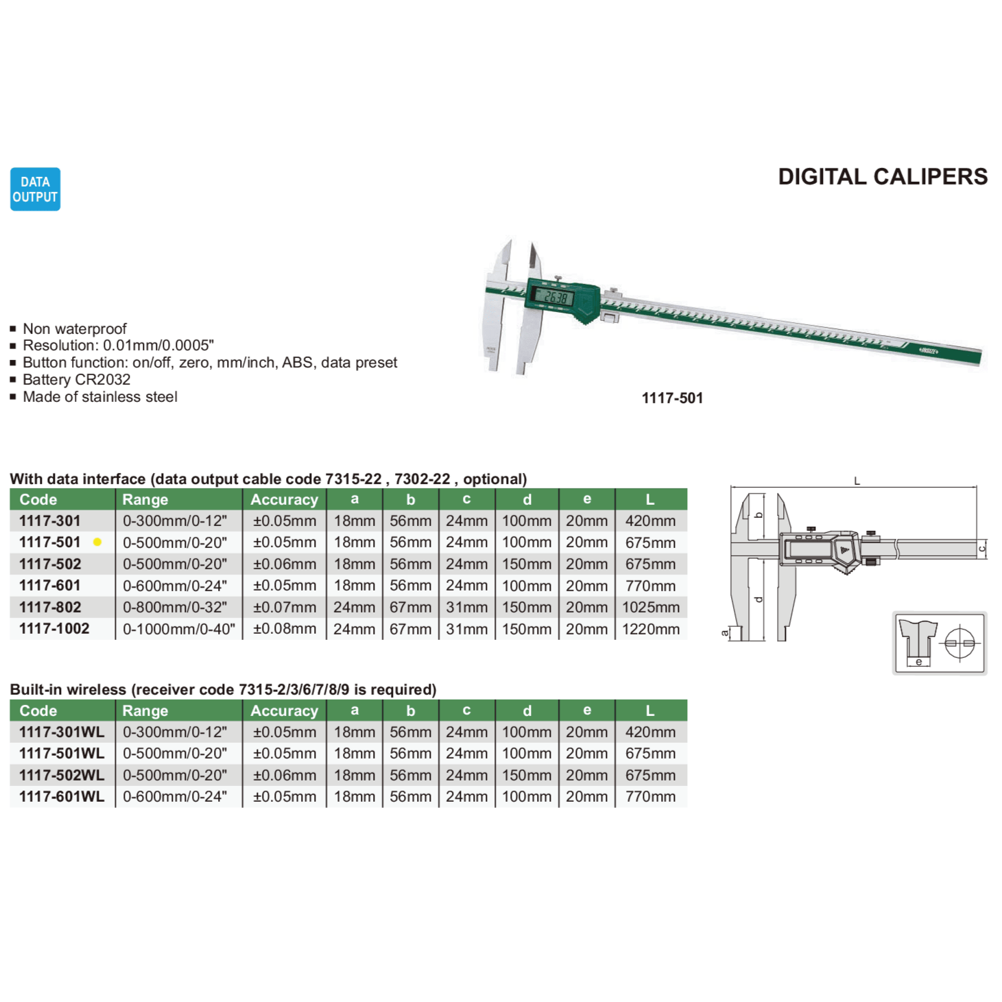 INSIZE Measuring Equipment Insize Digital Caliper 0-500mm / 0-20" Range Series 1117-501
