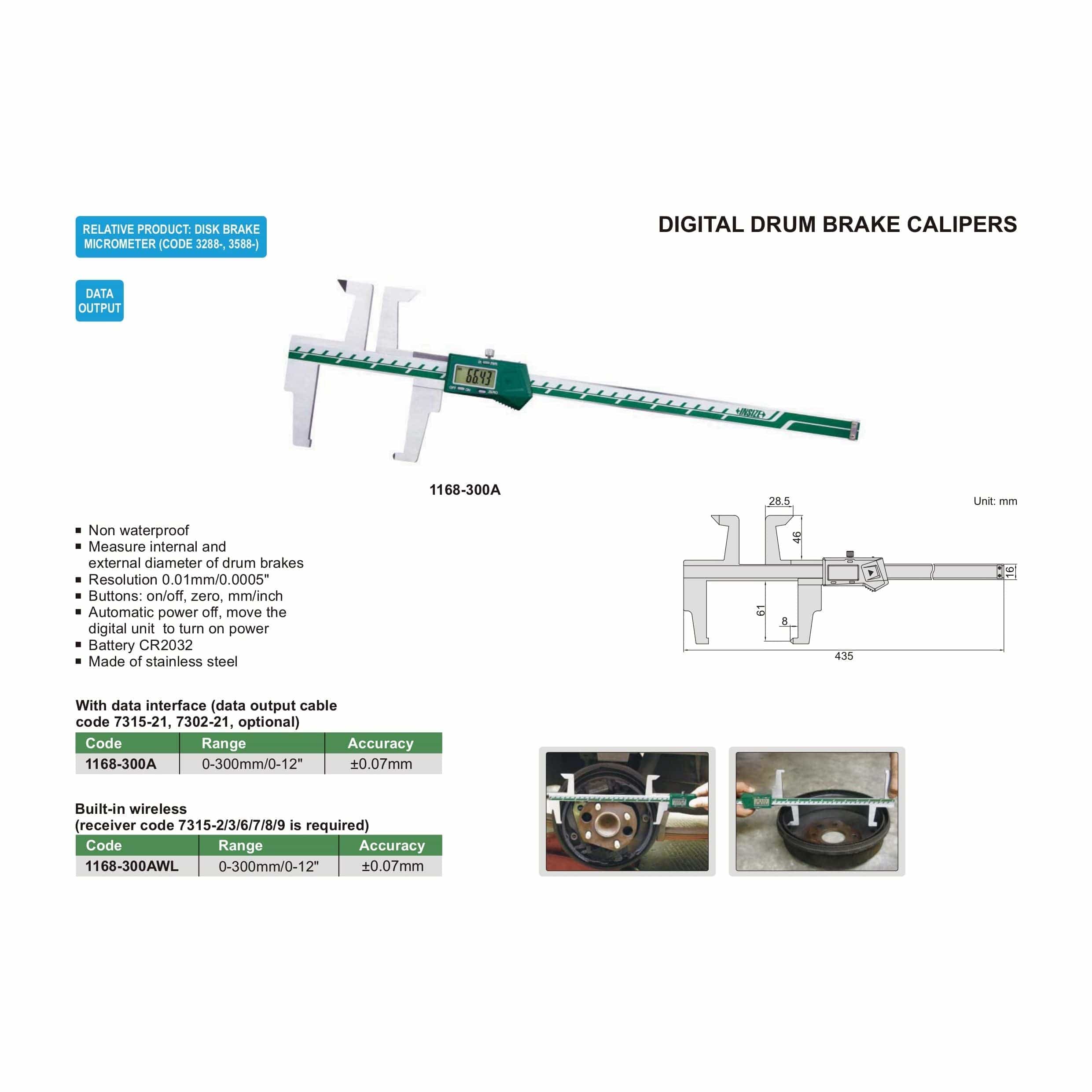 INSIZE Measuring Equipment Insize Digital Drum Brake Caliper 0-300mm/0-12" Range Series 1168-300A