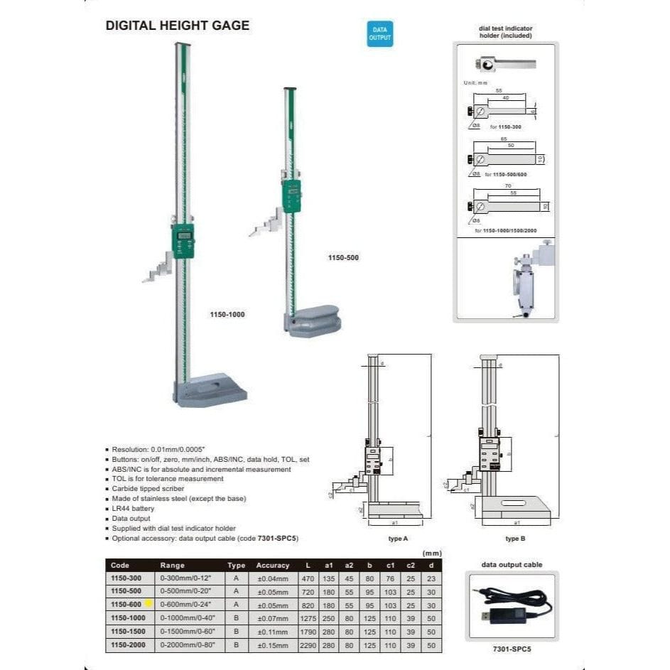 INSIZE Measuring Equipment Insize Digital Height Gauge  0-600mm / 0-24" Range Series 1150-600