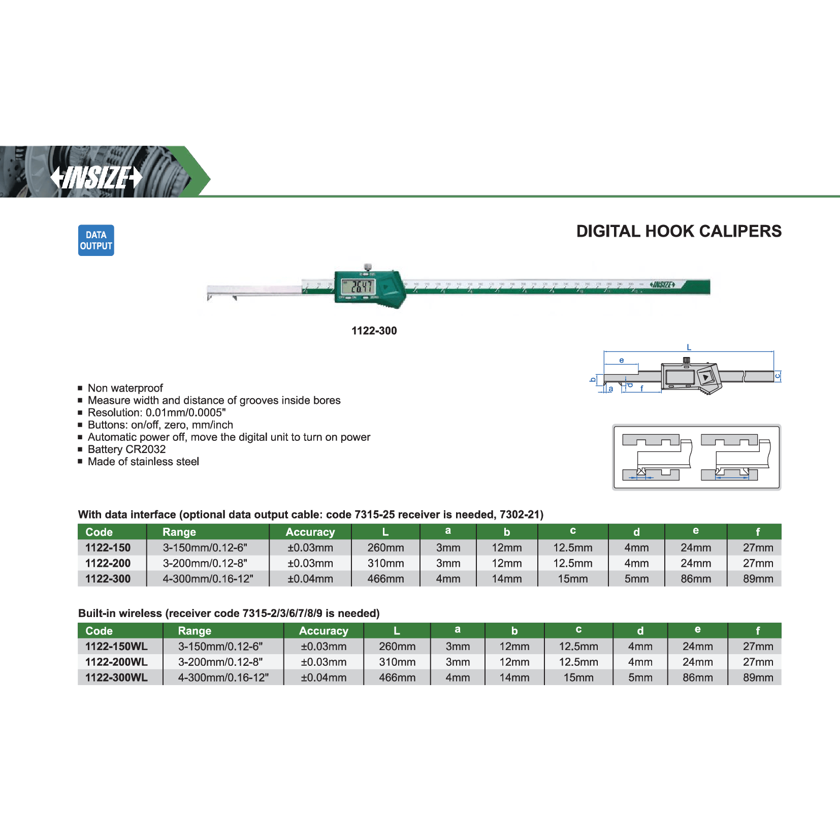 INSIZE Measuring Equipment Insize Digital Hook Caliper 0.12-6" / 3–150mm Range Series 1122-150