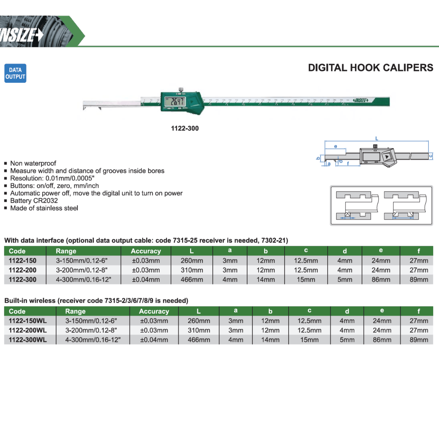 INSIZE Measuring Equipment Insize Digital Hook Caliper 0.12-8" / 3–200mm Range Series 1122-200