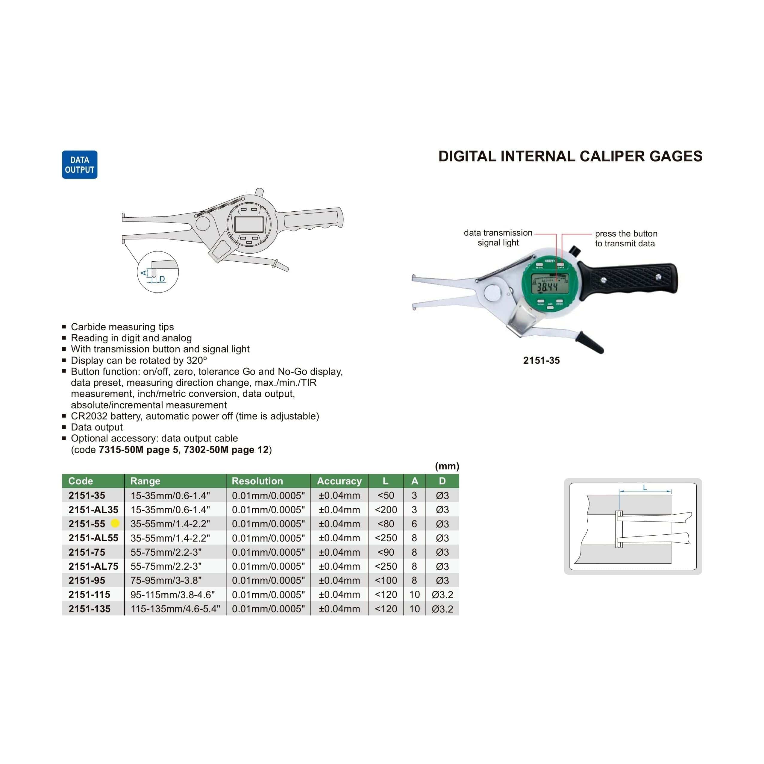 INSIZE Measuring Equipment Insize Digital Internal Caliper Gauge 35-55mm/1.4-2.2" Range Series 2151-55