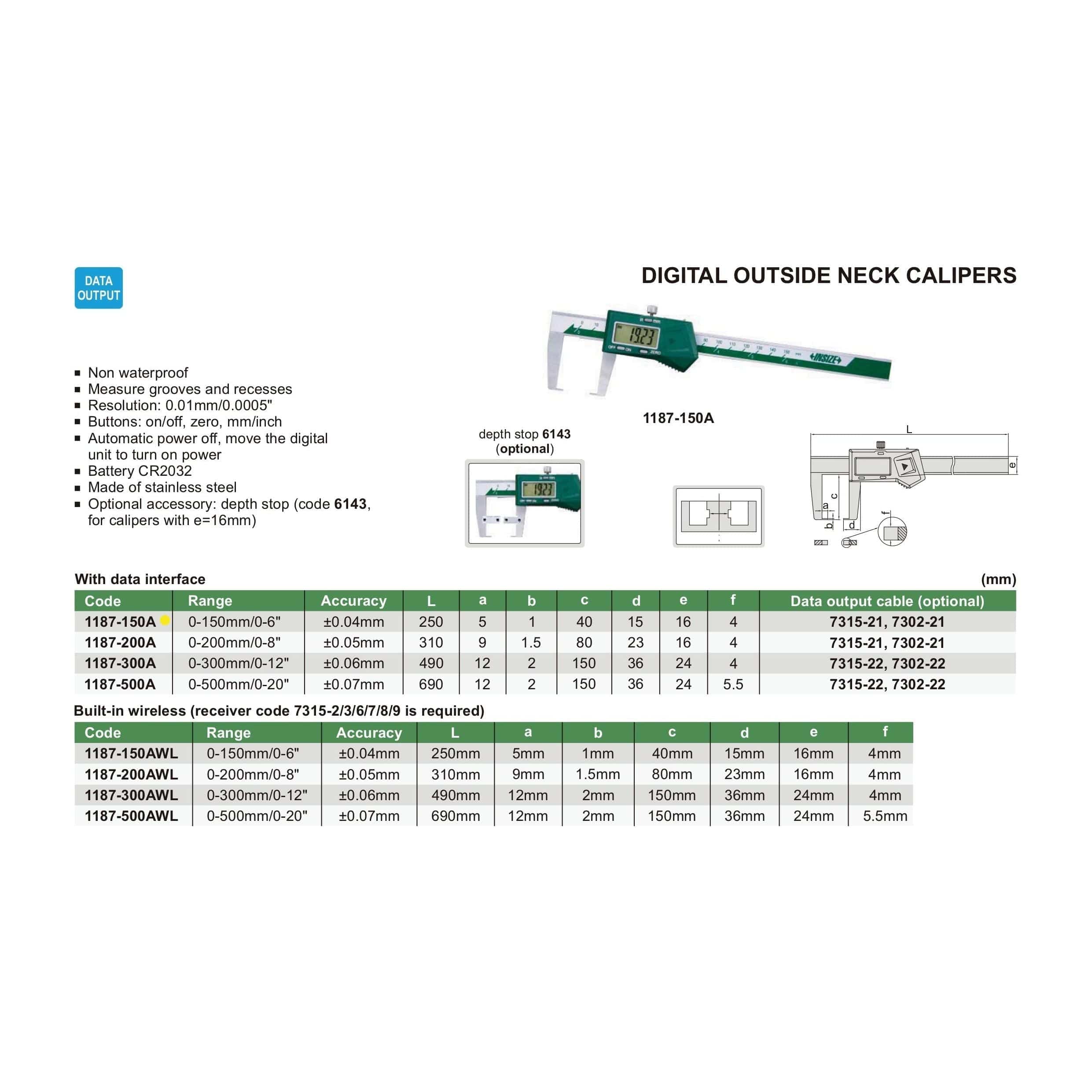 INSIZE Measuring Equipment Insize Digital Neck Caliper 0-150mm/0-6" Range Series 1187-150A