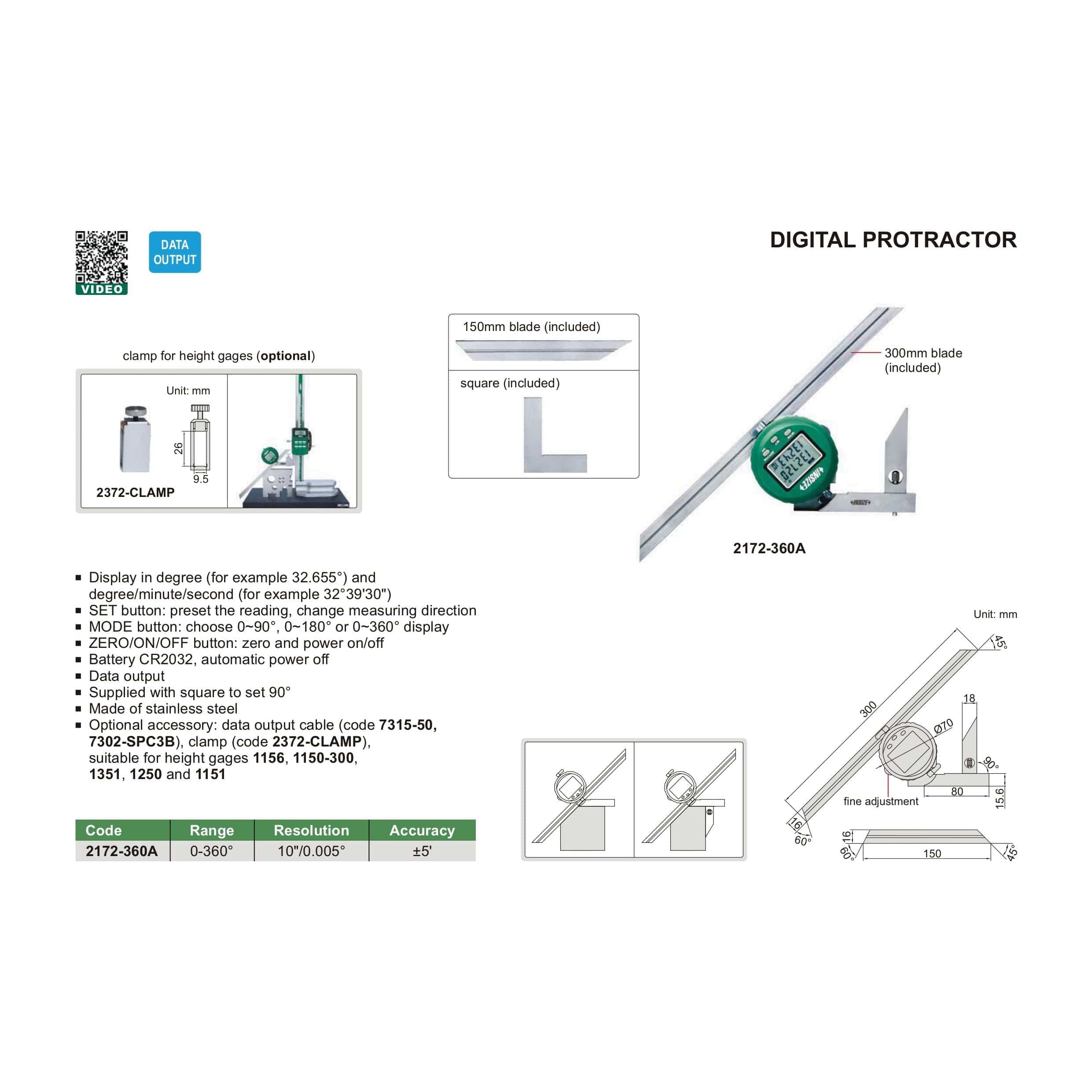 INSIZE Measuring Equipment Insize Digital Protractor 0-360° Range Series 2172-360A
