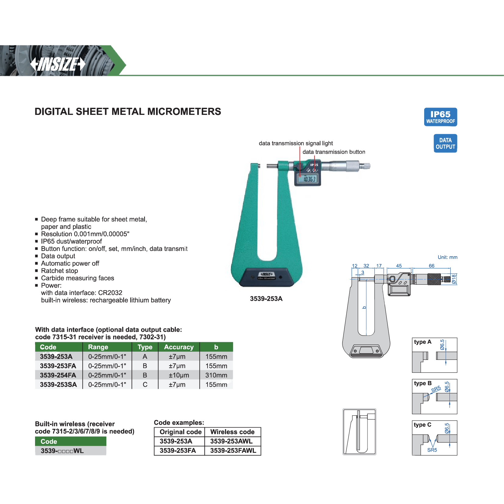 INSIZE MEASURING EQUIPMENT Insize Digital Sheet Metal Micrometer 0–25 mm / 0–1" Series 3539-254FA