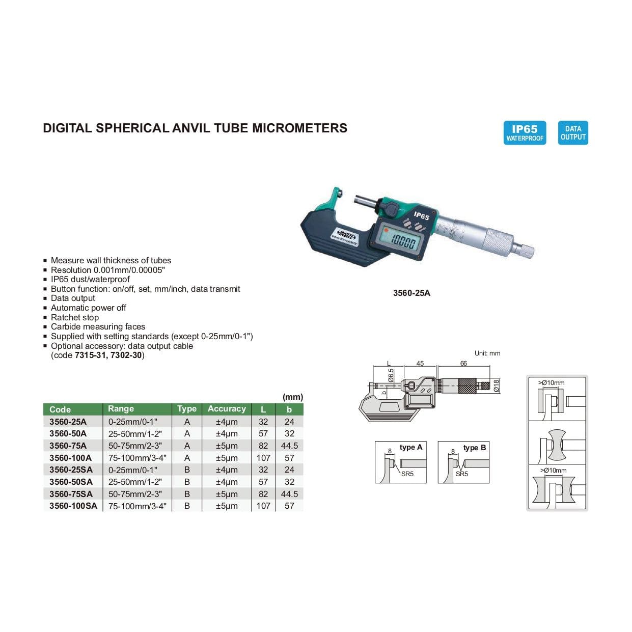INSIZE Measuring Equipment Insize Digital Spherical Anvil Tube Micrometer 50-75mm/2-3" Range Series 3560-75A
