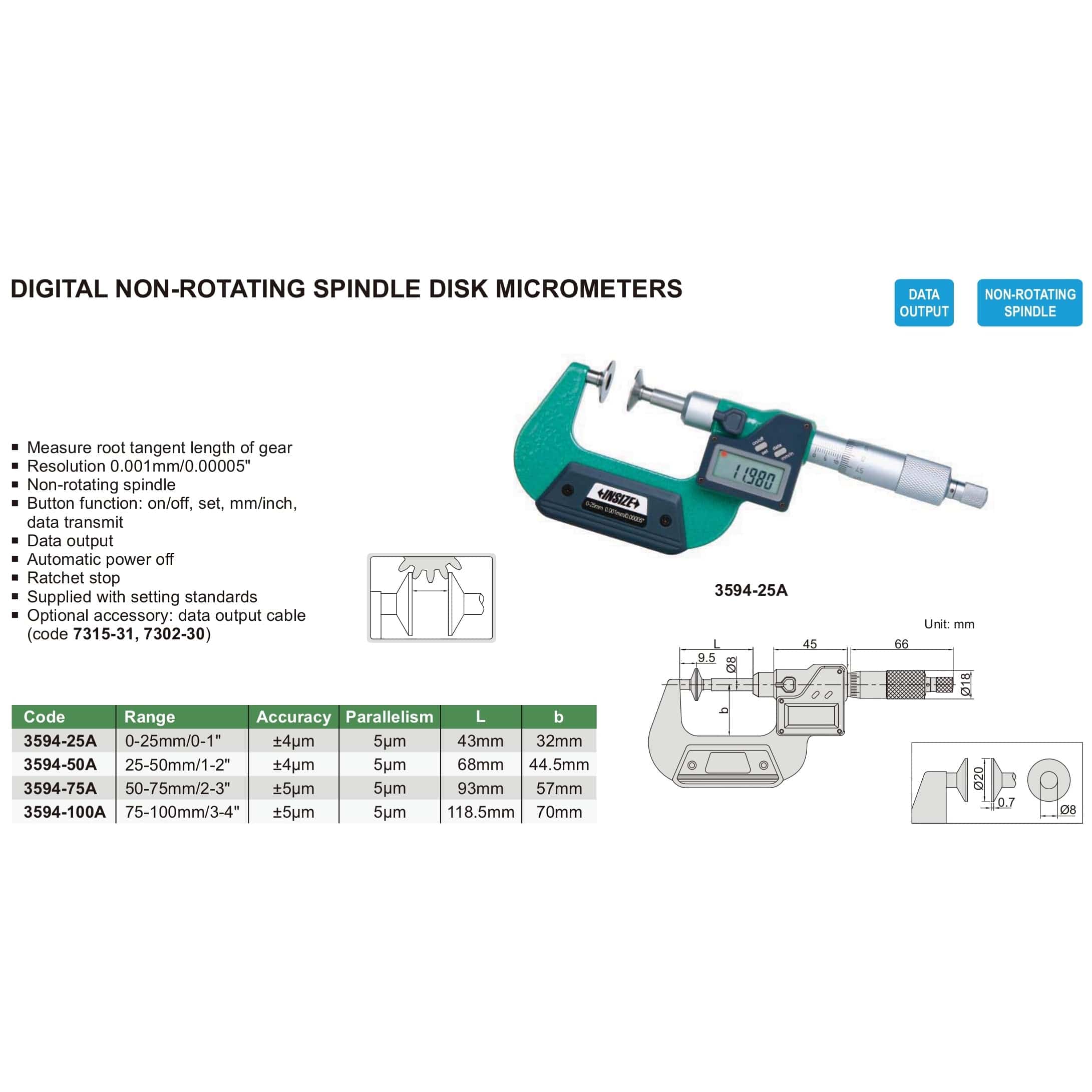 INSIZE Measuring Equipment Insize Digital Spindle Disc Micrometer 0-25mm Range Series 3594-25A
