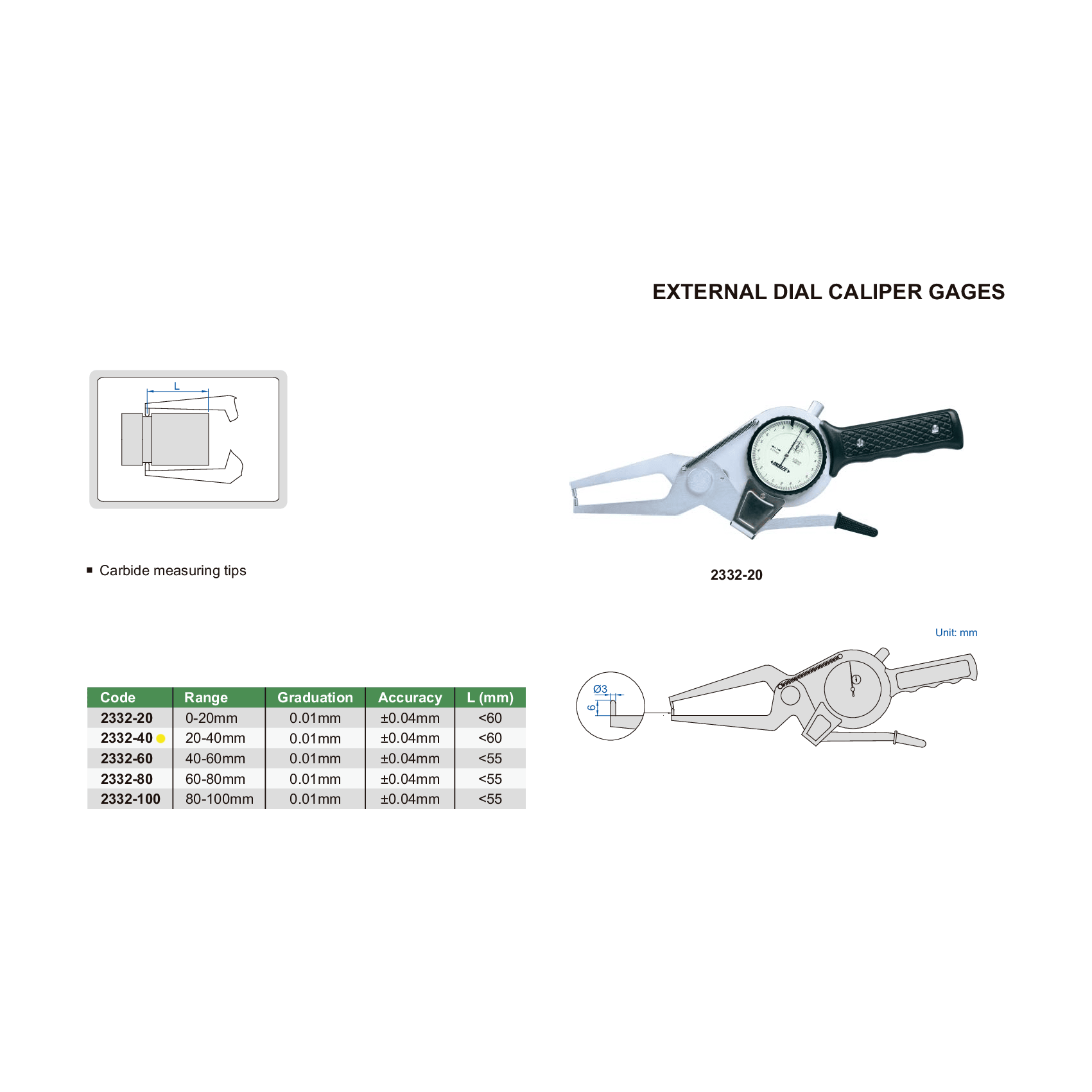 INSIZE Measuring Equipment Insize External Dial Caliper Gauge 20-40mm Range Series 2332-40