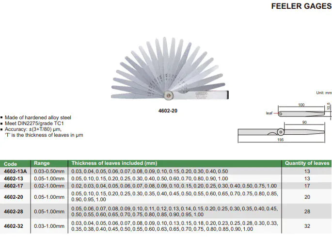 INSIZE MEASURING EQUIPMENT Insize Feeler Gauge 13pc Set 0.03-0.50mm Range Series 4602-13A