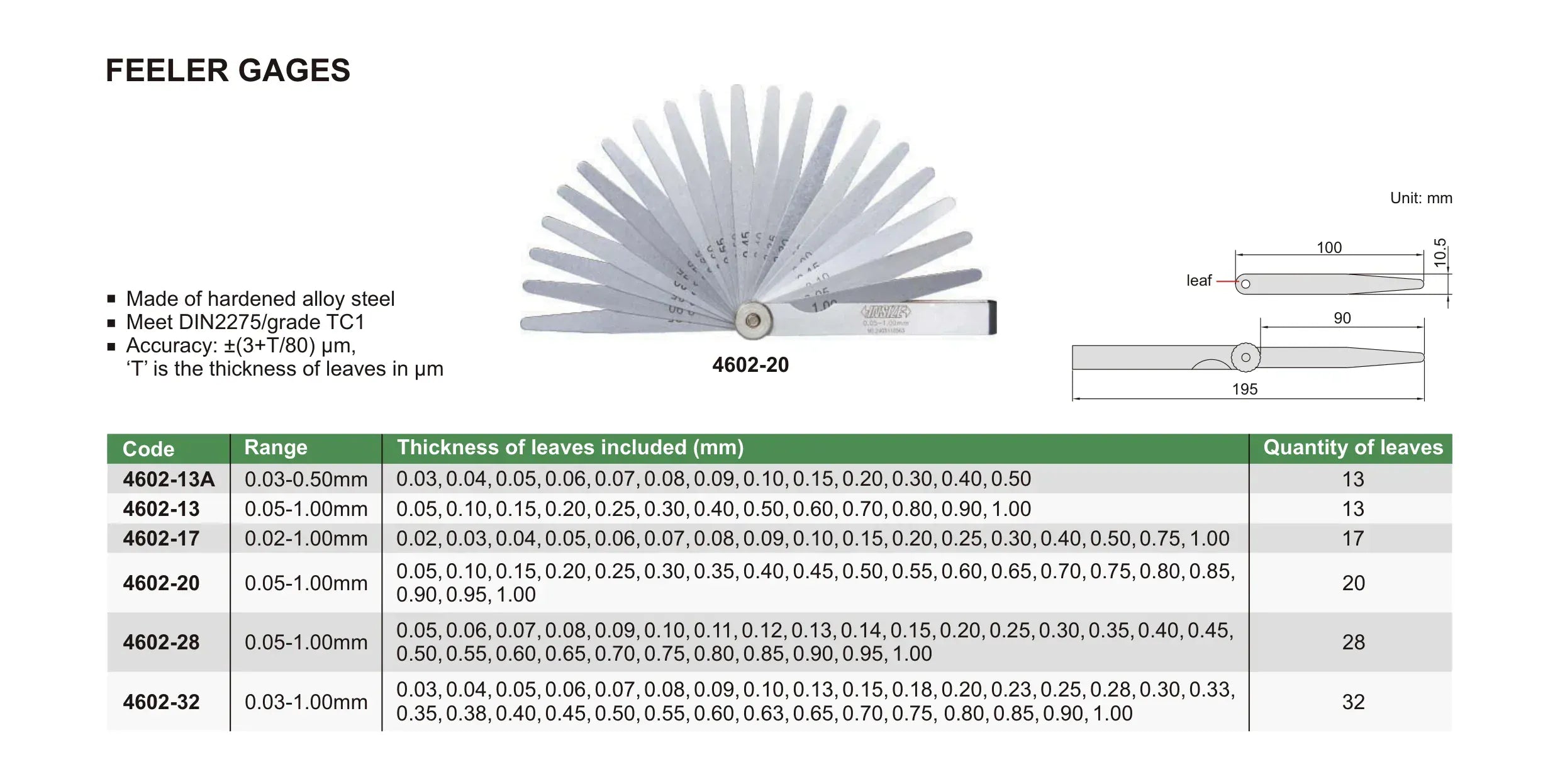 INSIZE MEASURING EQUIPMENT Insize Feeler Gauge 20pc Set 0.05-1mm Range Series 4602-20