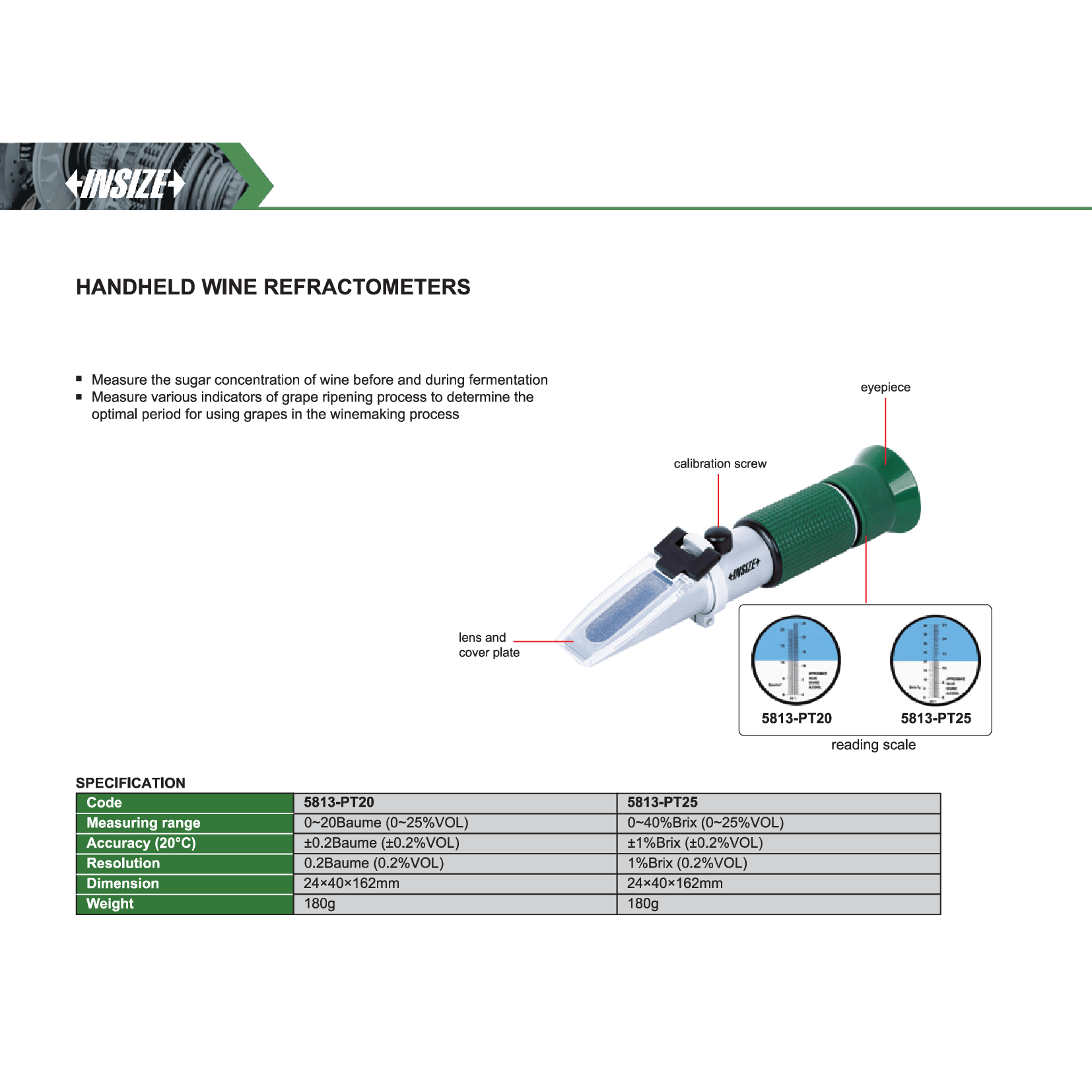 INSIZE MEASURING EQUIPMENT Insize Handheld Wine Refractometer 0–20Baume Series 5813-PT20