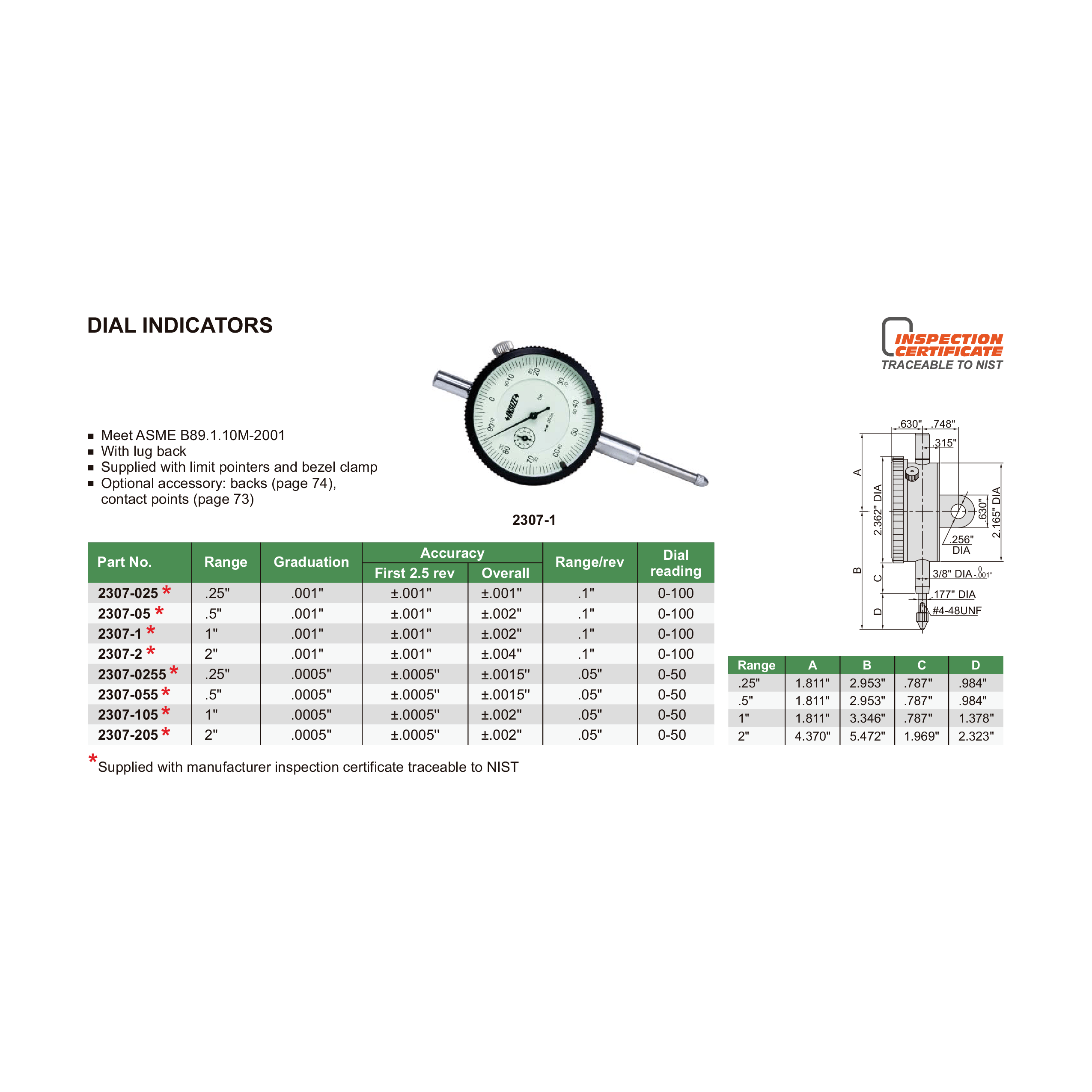 INSIZE MEASURING EQUIPMENT Insize Imperial Lug Back Dial Indicator 1" Range Series 2307-105