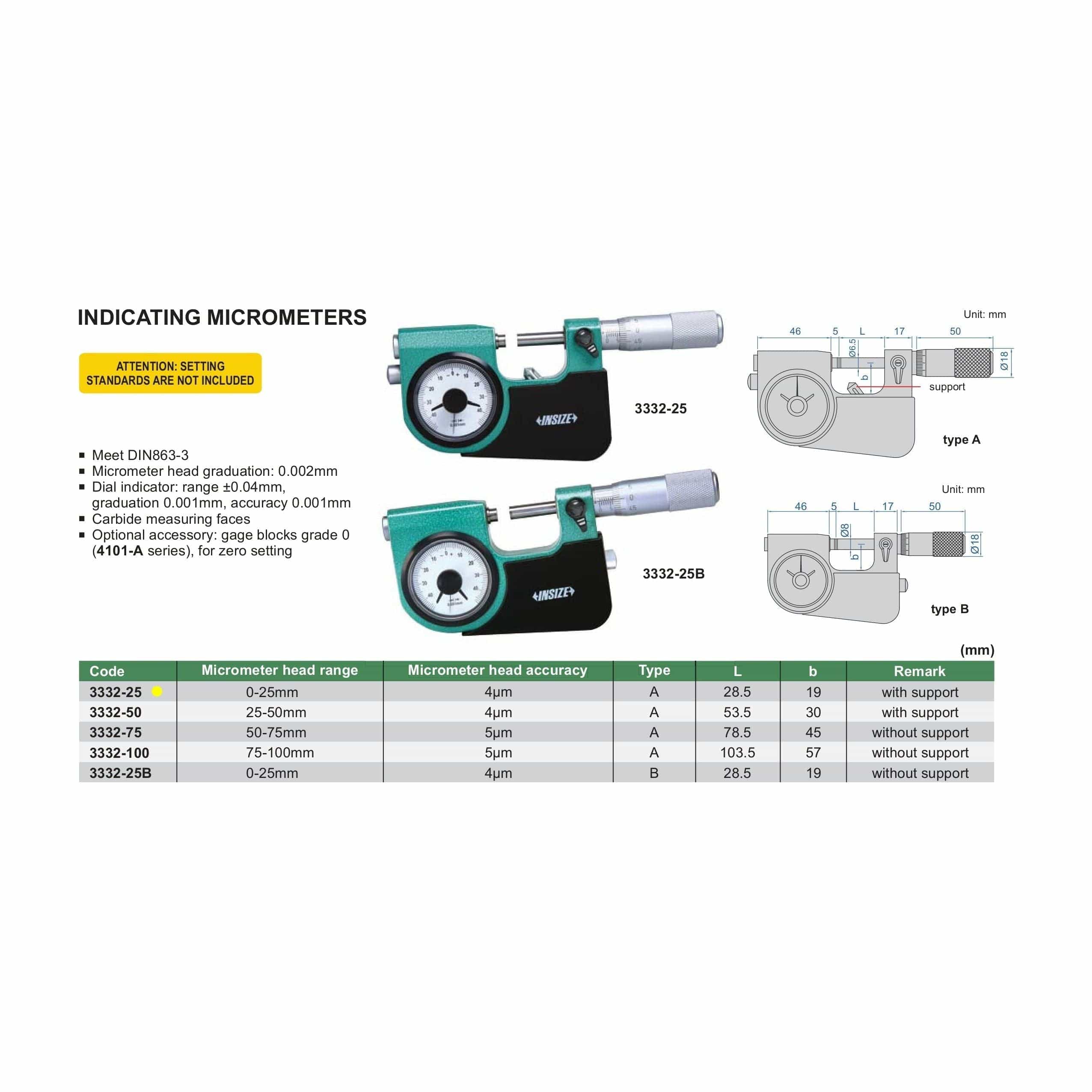 INSIZE Measuring Equipment Insize Indicating Micrometer with Support 0-25mm Range Series 3332-25
