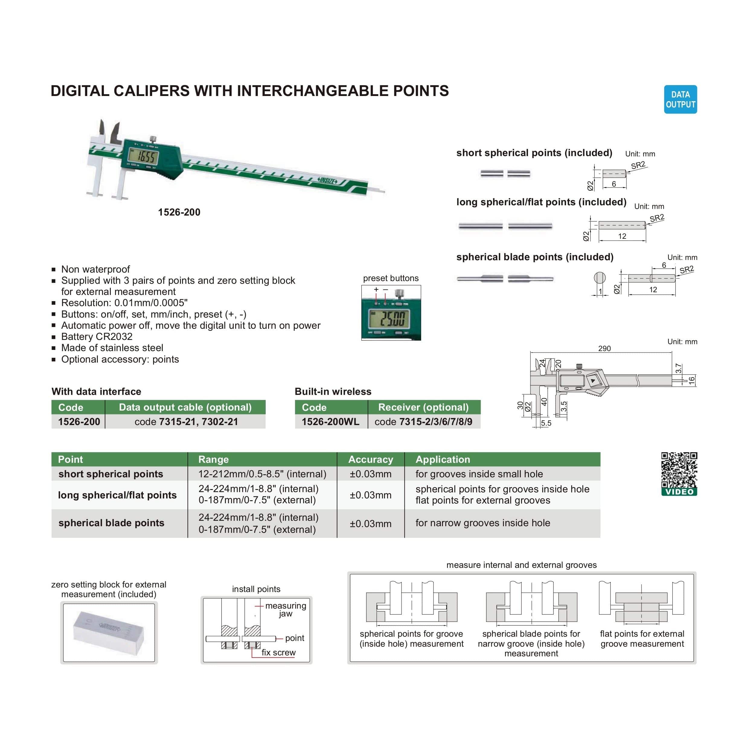 INSIZE Measuring Equipment Insize Interchangeable Point Digital Caliper Range Series 1526-200