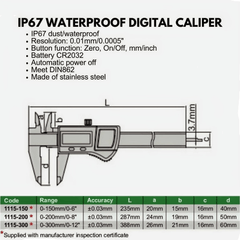 INSIZE Measuring Equipment Insize IP67 Waterproof Digital Caliper 0–150 mm / 0–6″ Series 1115-150