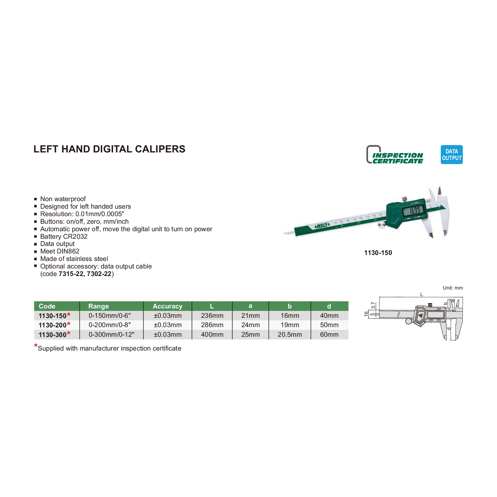 INSIZE Measuring Equipment Insize Left Hand Digital Caliper 0-300mm/0-12" Range Series 1130-300
