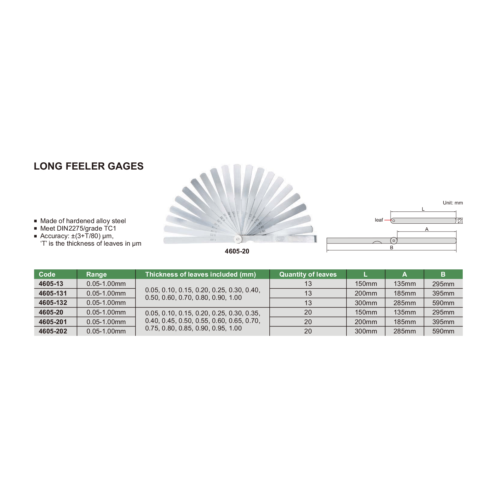 INSIZE Measuring Equipment Insize Long Feeler Gage 0.05 - 1.00 mm Series 4605-132