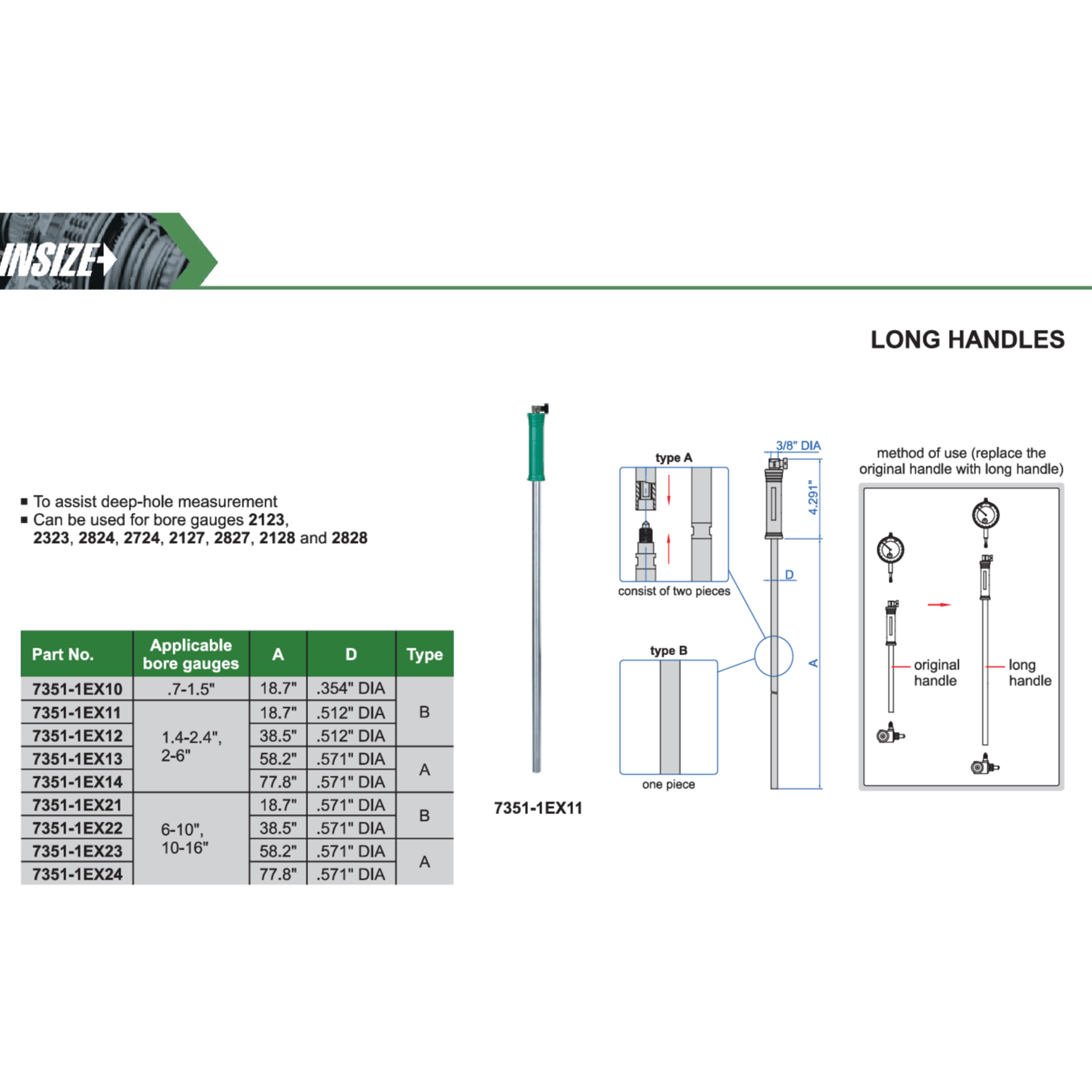 INSIZE Measuring Equipment Insize Long Handle 77.8″ × 0.571″ Series 7351-1EX24