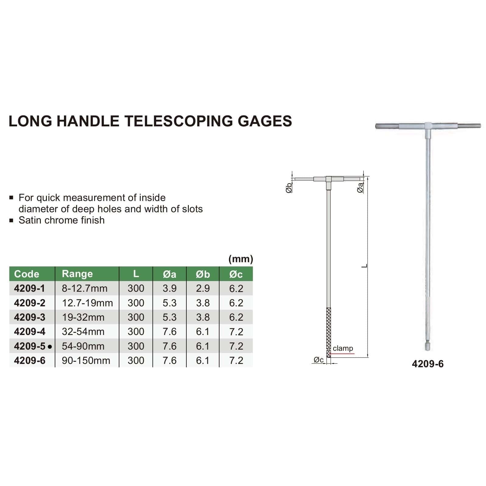 INSIZE Measuring Equipment Insize Long Handle Telescopic Gauge 54-90mm Range Series 4209-5