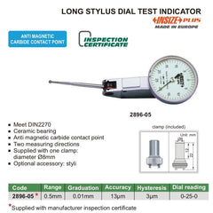 INSIZE Measuring Equipment Insize Long Styli Dial Test Indicator 0.5mm Range Series 2896-05