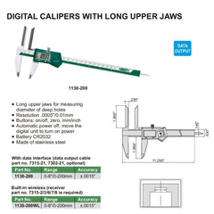 INSIZE Measuring Equipment Insize Long Upper Jaws Digital Caliper 0-8"/0-200mm Range Series 1138-200