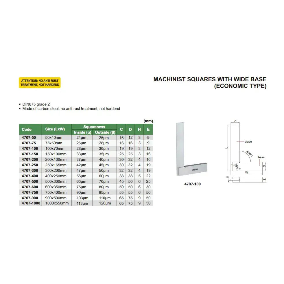 INSIZE MEASURING EQUIPMENT Insize Machinist Square with Wide Base 250 × 165mm Series 4707-250