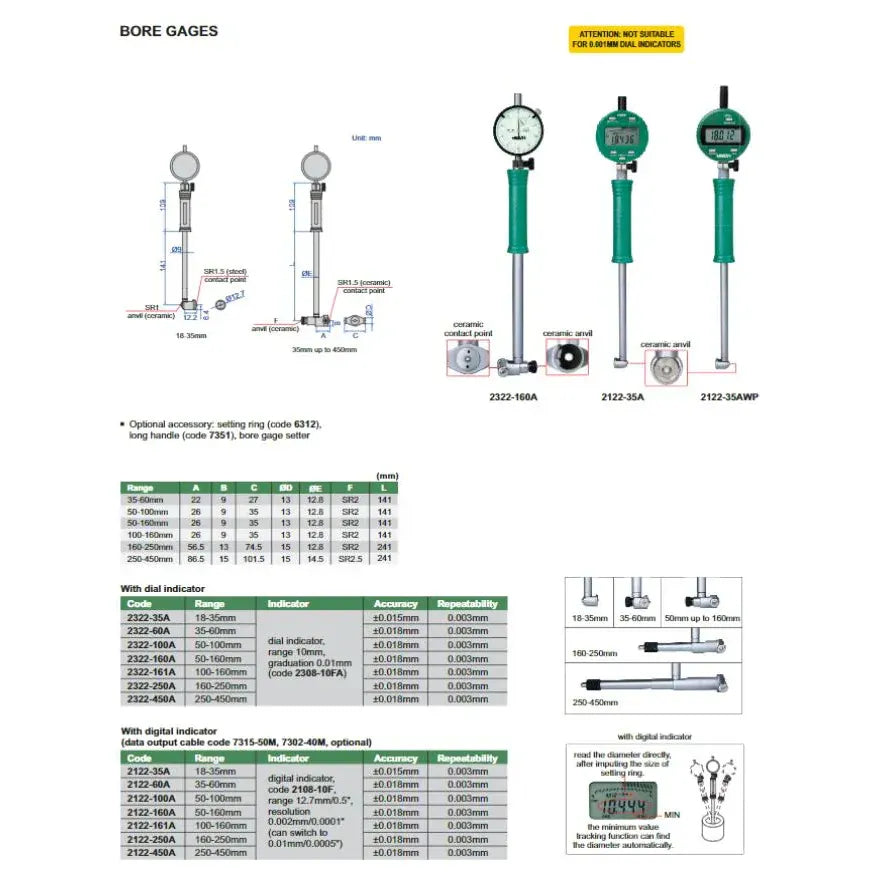 INSIZE MEASURING EQUIPMENT Insize Mechanical Bore Gauge 50-160 mm Range Series 2322-160A