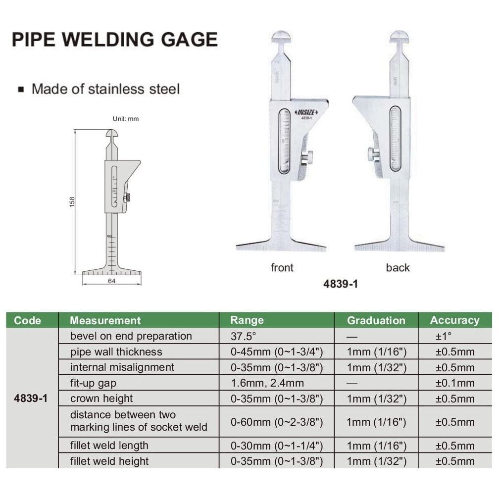 INSIZE Measuring Equipment Insize Metric Pipe Welding Gauge Series 4839-1
