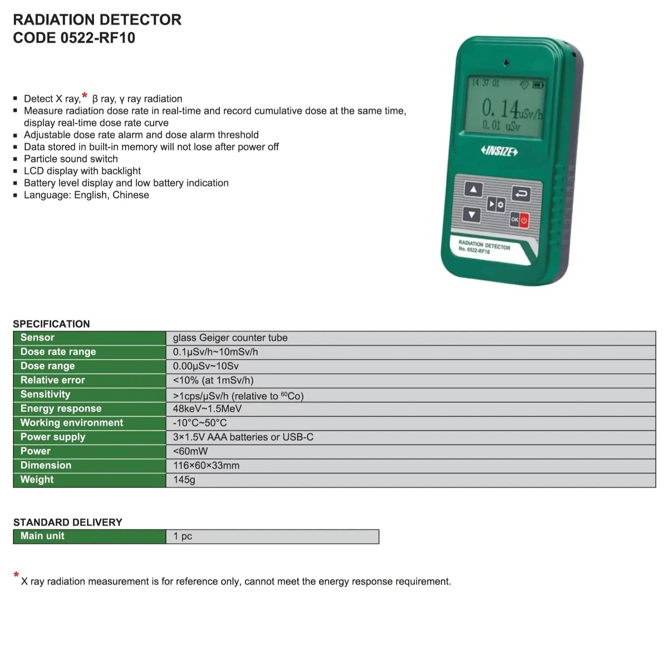 INSIZE MEASURING EQUIPMENT INSIZE Radiation Detector Series 0522-RF10