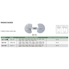 INSIZE MEASURING EQUIPMENT Insize Radius Gauge Set 1/32 - 1/4" Range Series 4801-15E