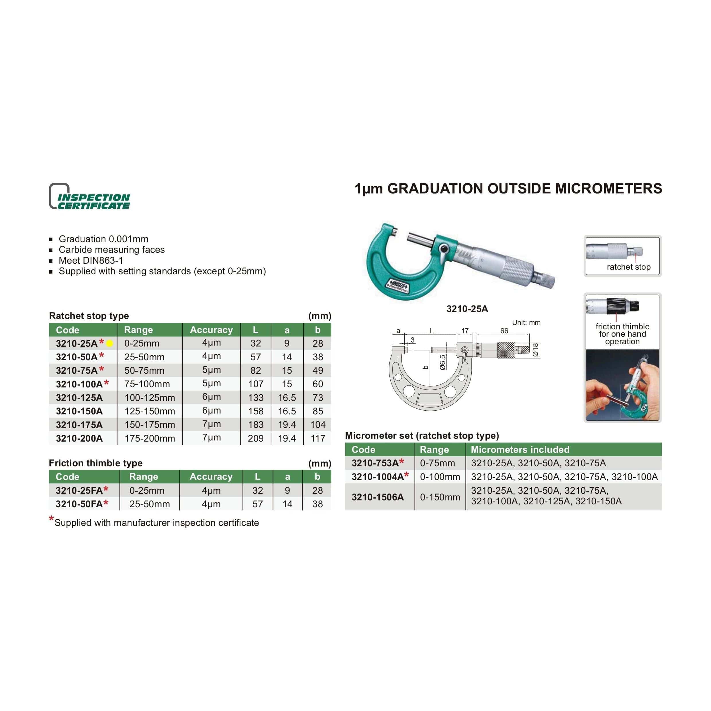INSIZE Measuring Equipment Insize Ratchet Stop Type Outside Micrometer 0-25mm Range Series 3210-25A