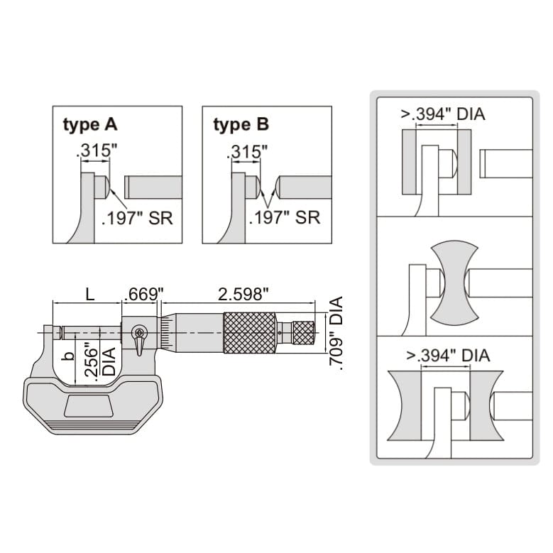 INSIZE Measuring Equipment Insize Spherical Anvil Tube Micrometer 1-2" Type B Series 3260-2S