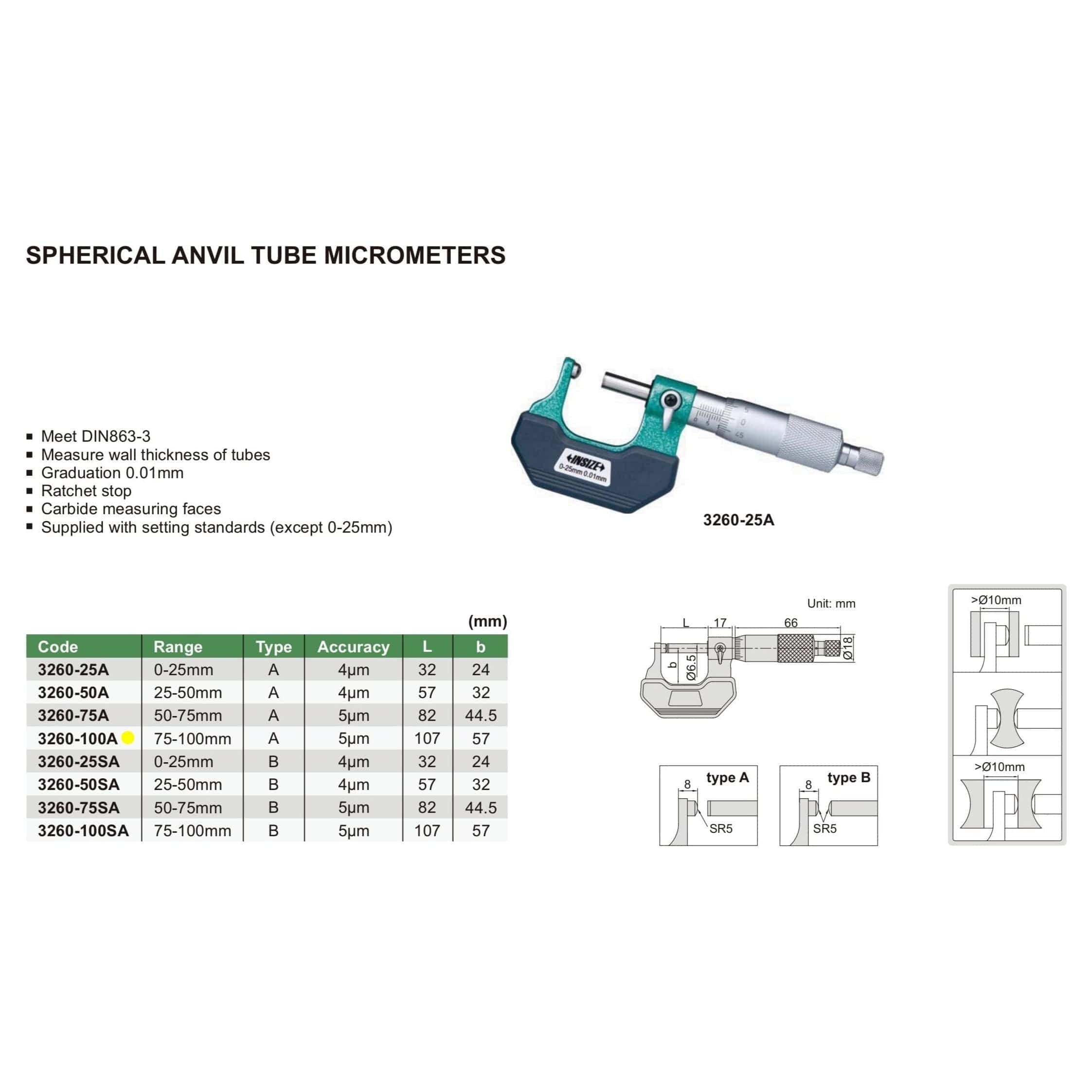 INSIZE Measuring Equipment Insize Spherical Anvil Tube Micrometer 75-100mm Type A Series 3260-100A