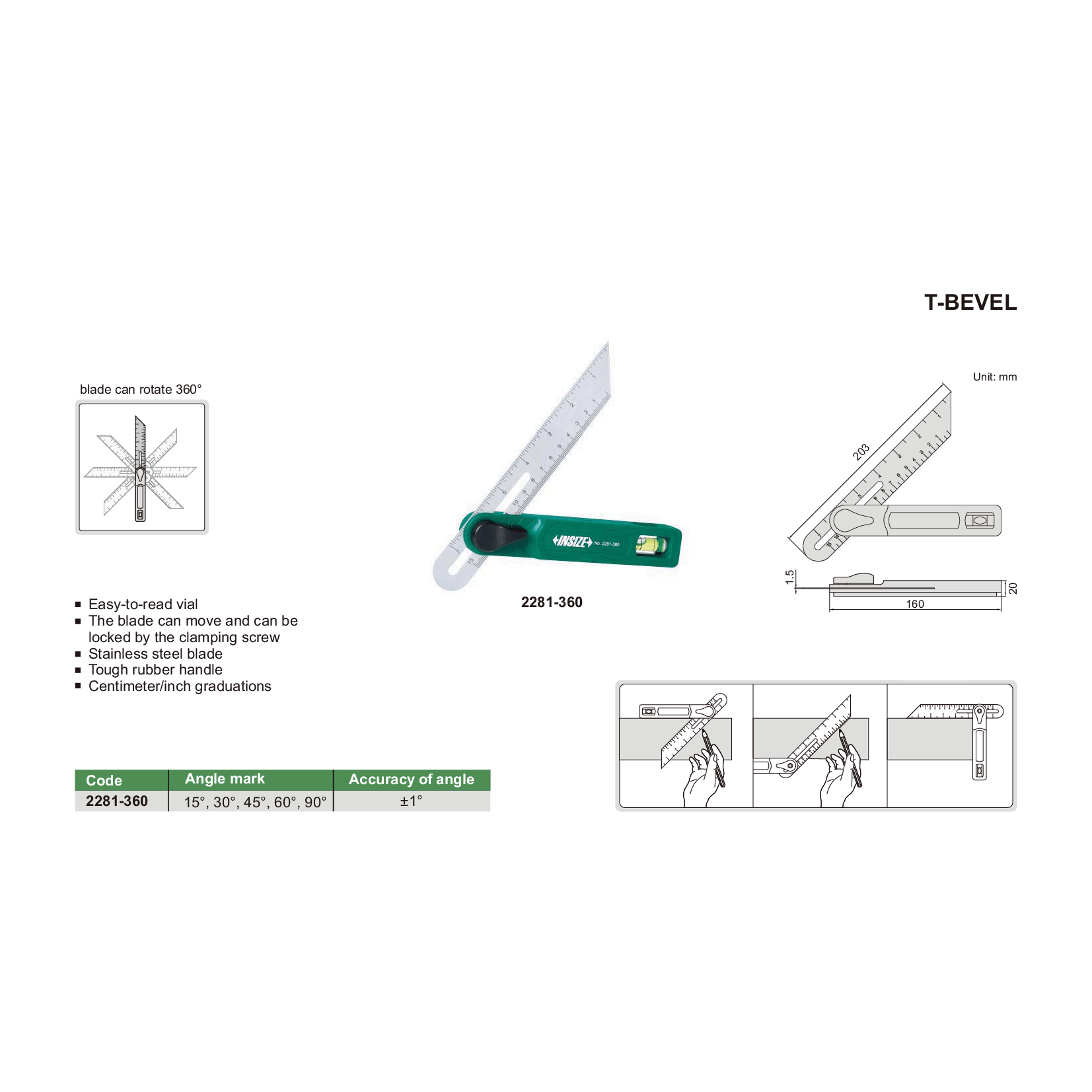 INSIZE Measuring Equipment Insize T-Bevel 203 mm Blade Series 2281-360