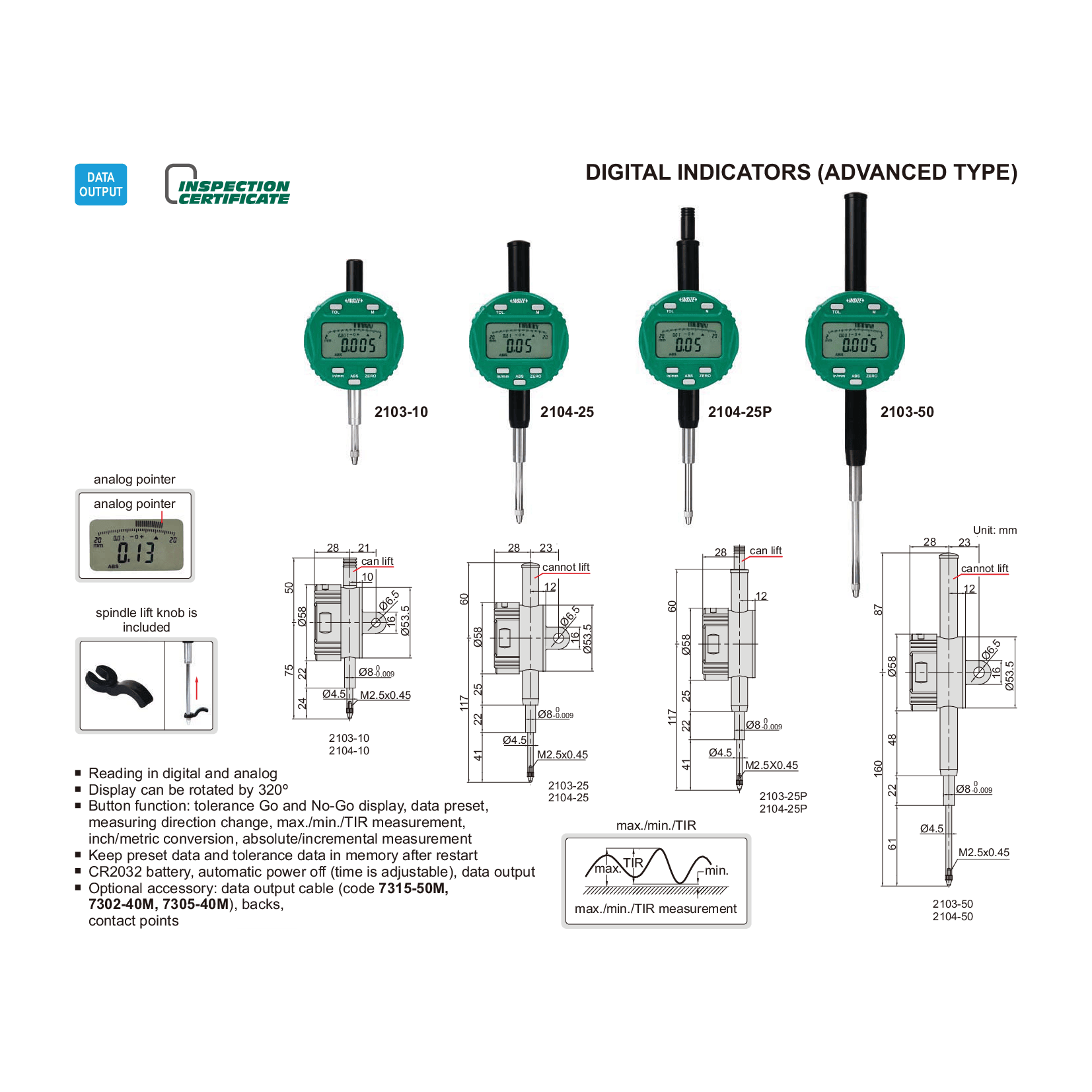 INSIZE Measuring Equipment Insize Travel Digital Indicator 50.8mm/2" Range Series 2104-50