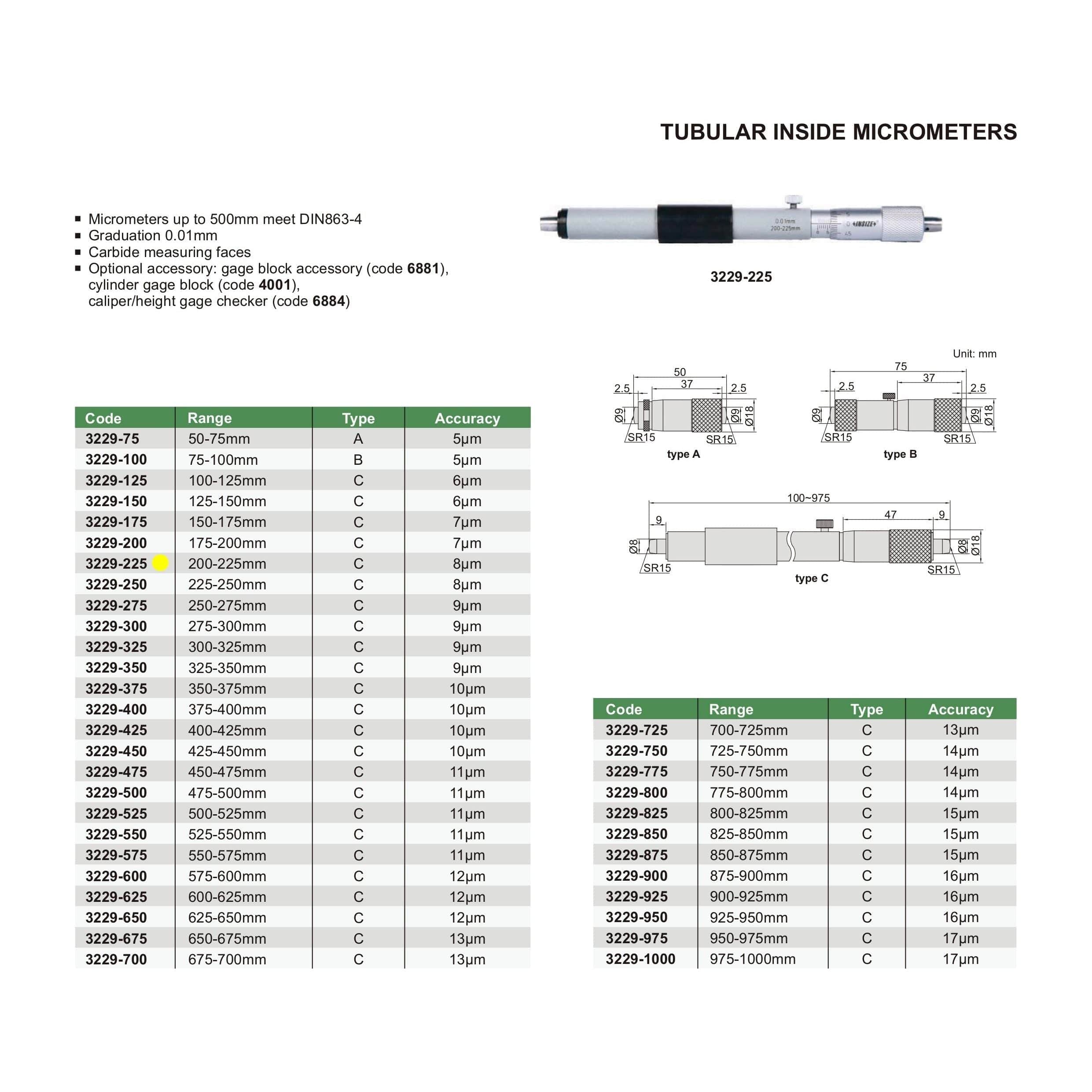INSIZE Measuring Equipment Insize Tubular Inside Micrometer 200-225mm Range Series 3229-225