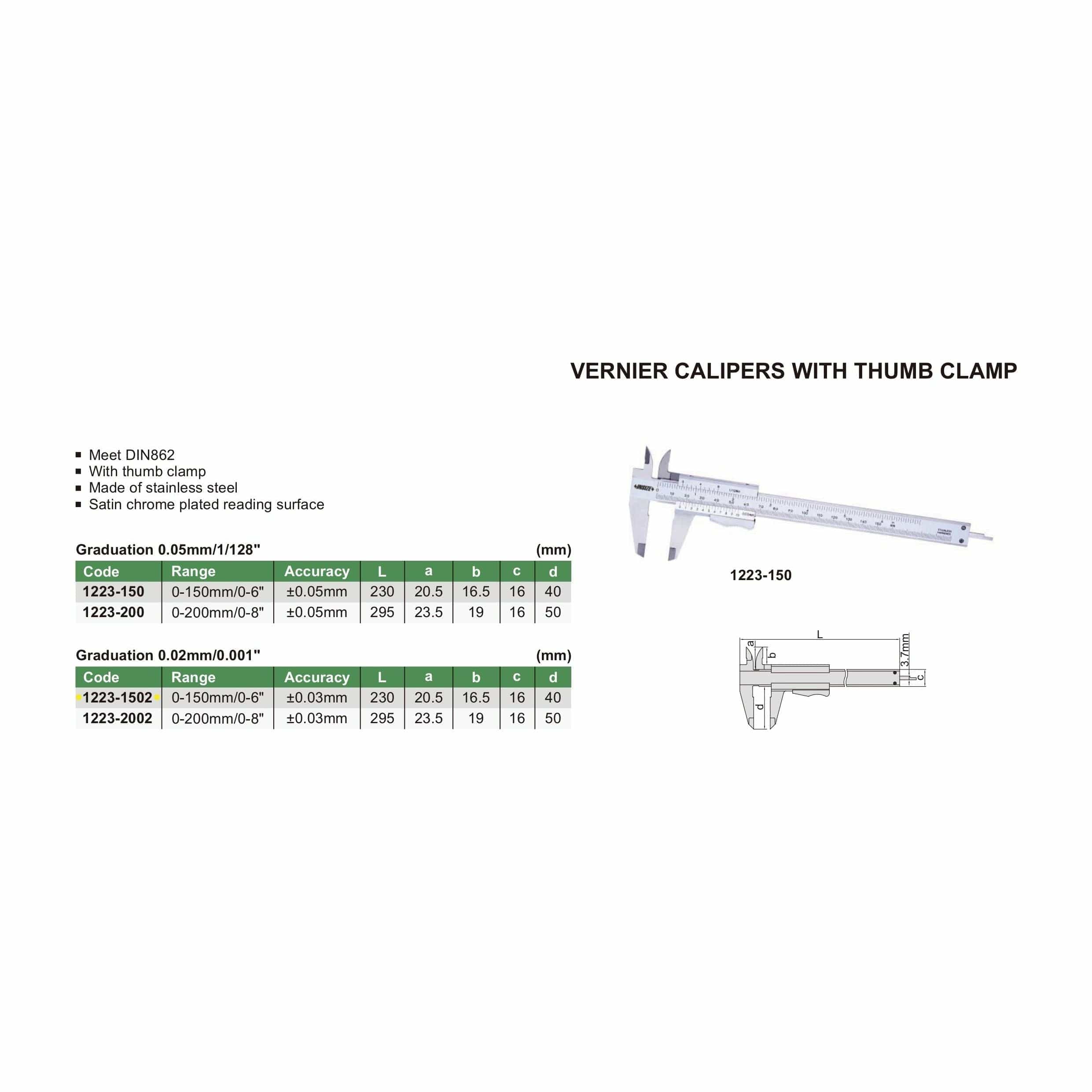 INSIZE Measuring Equipment Insize Vernier Caliper 0-150mm/0-6" Range Series 1223-1502