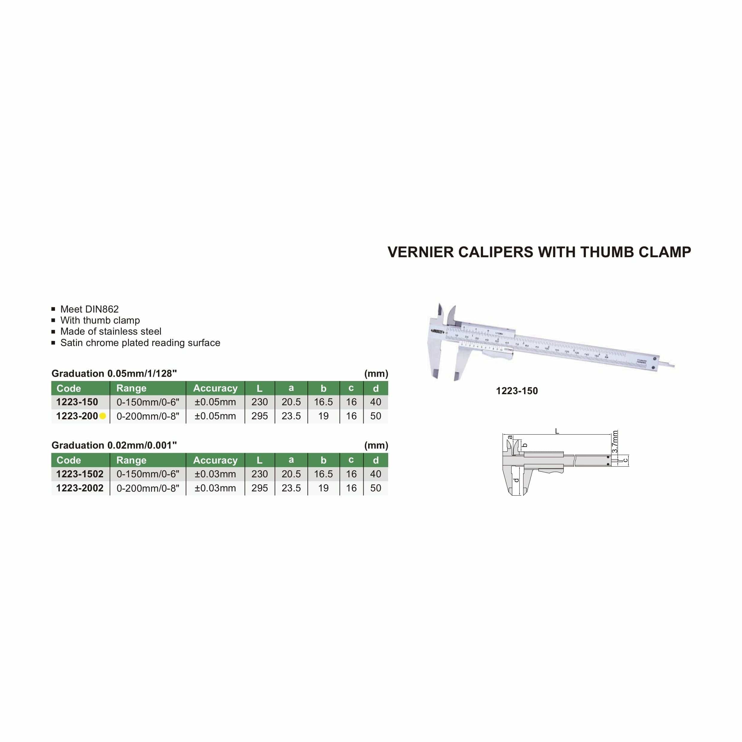 INSIZE Measuring Equipment Insize Vernier Caliper 0-200mm/0-8" Range Series 1223-200