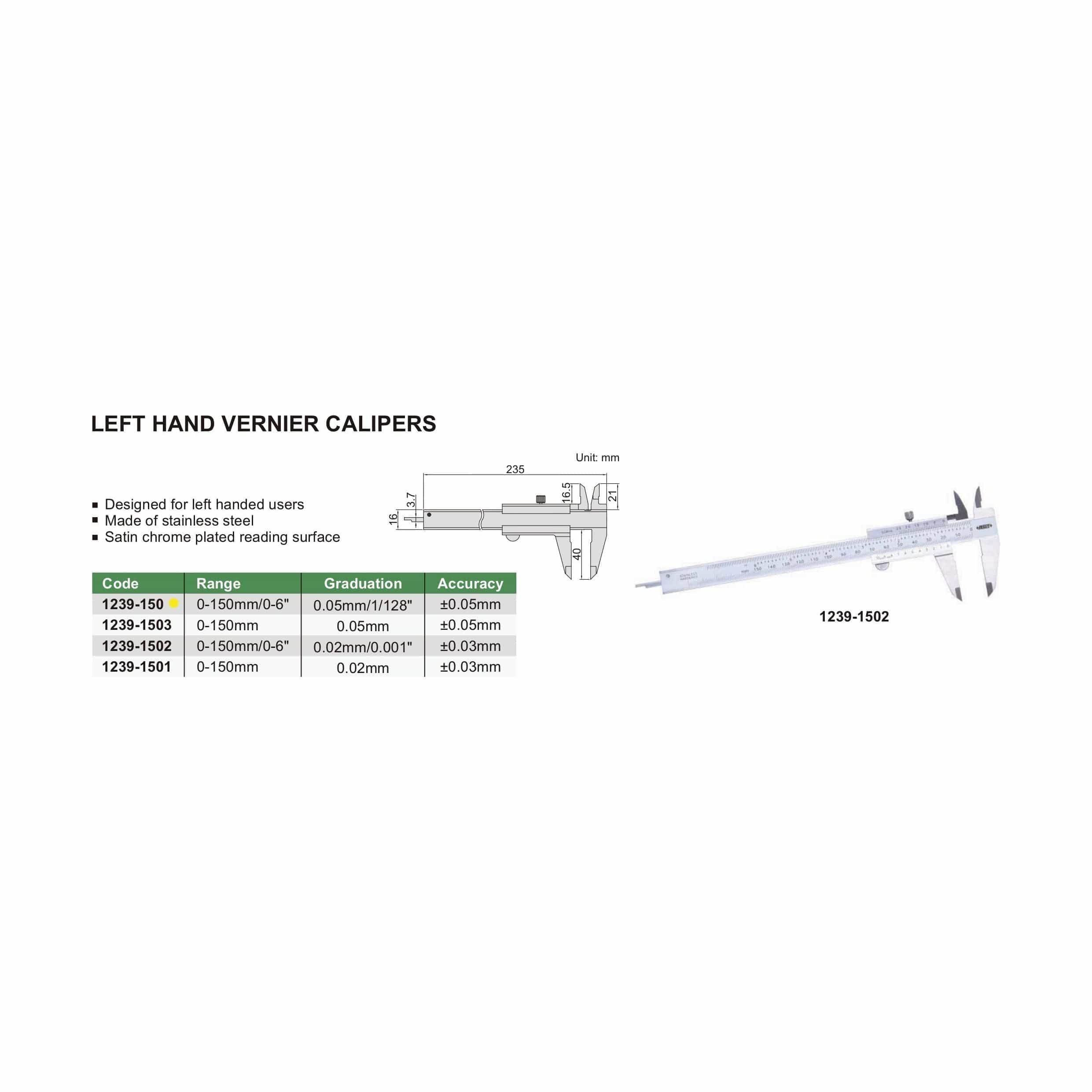 INSIZE Measuring Equipment Insize Vernier Left Hand Caliper 0-150mm/0-6" Range Series 1239-150
