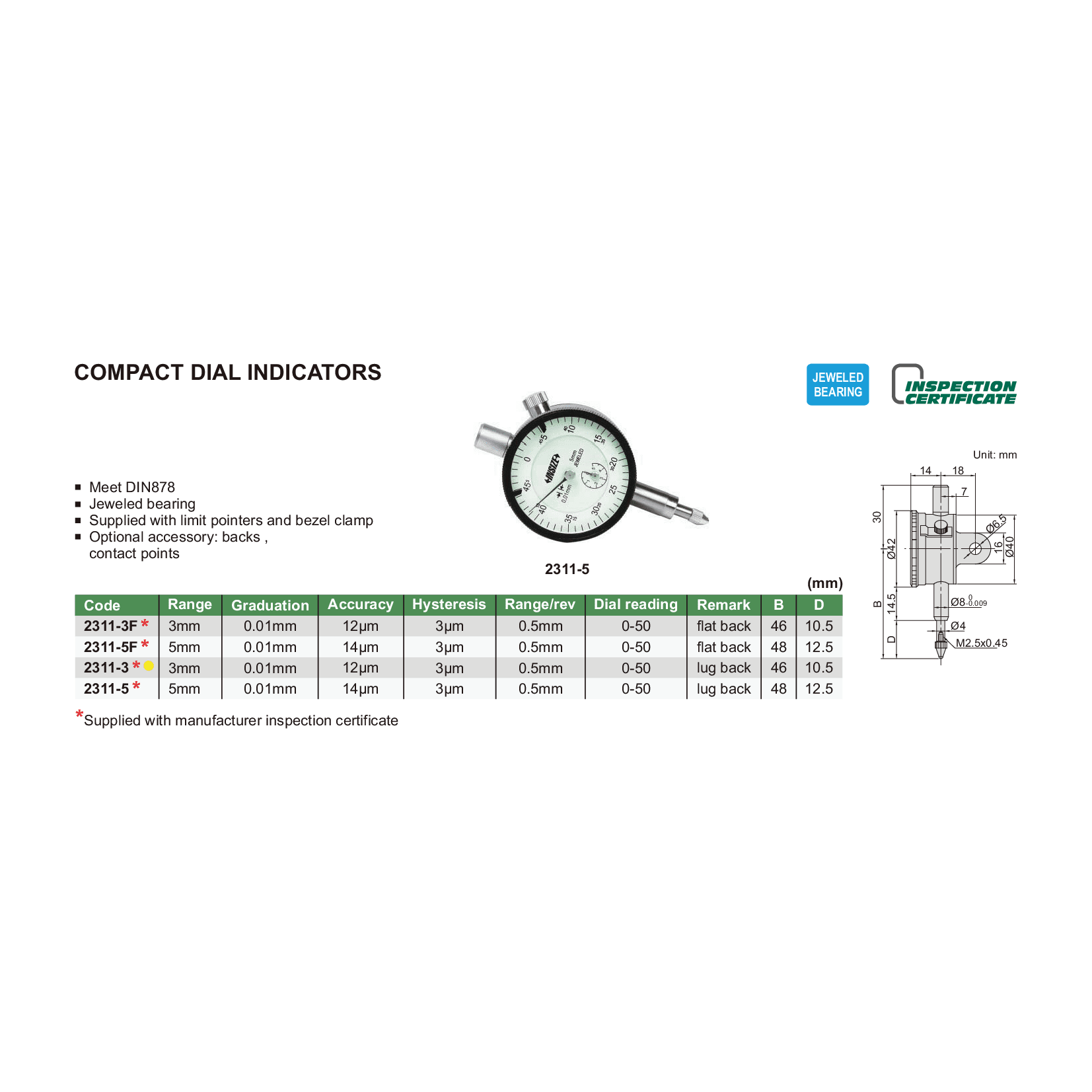 Insize Metric Compact Dial Indicator 3mm Range Series 2311-3 - Twin Eagle Imports