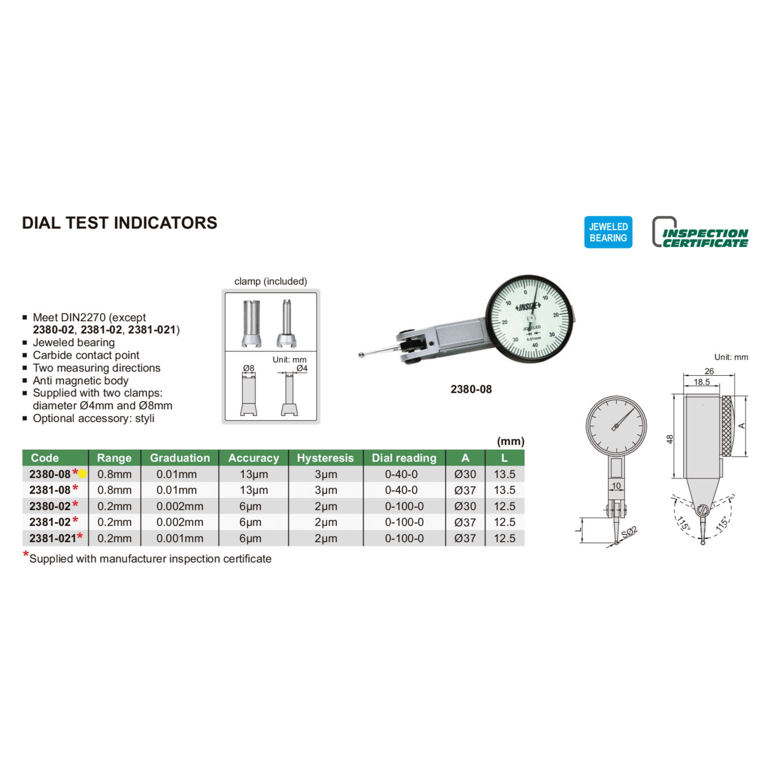 Insize Metric Dial Indicator 0.8 mm Range Series 2380-08 - Twin Eagle Imports