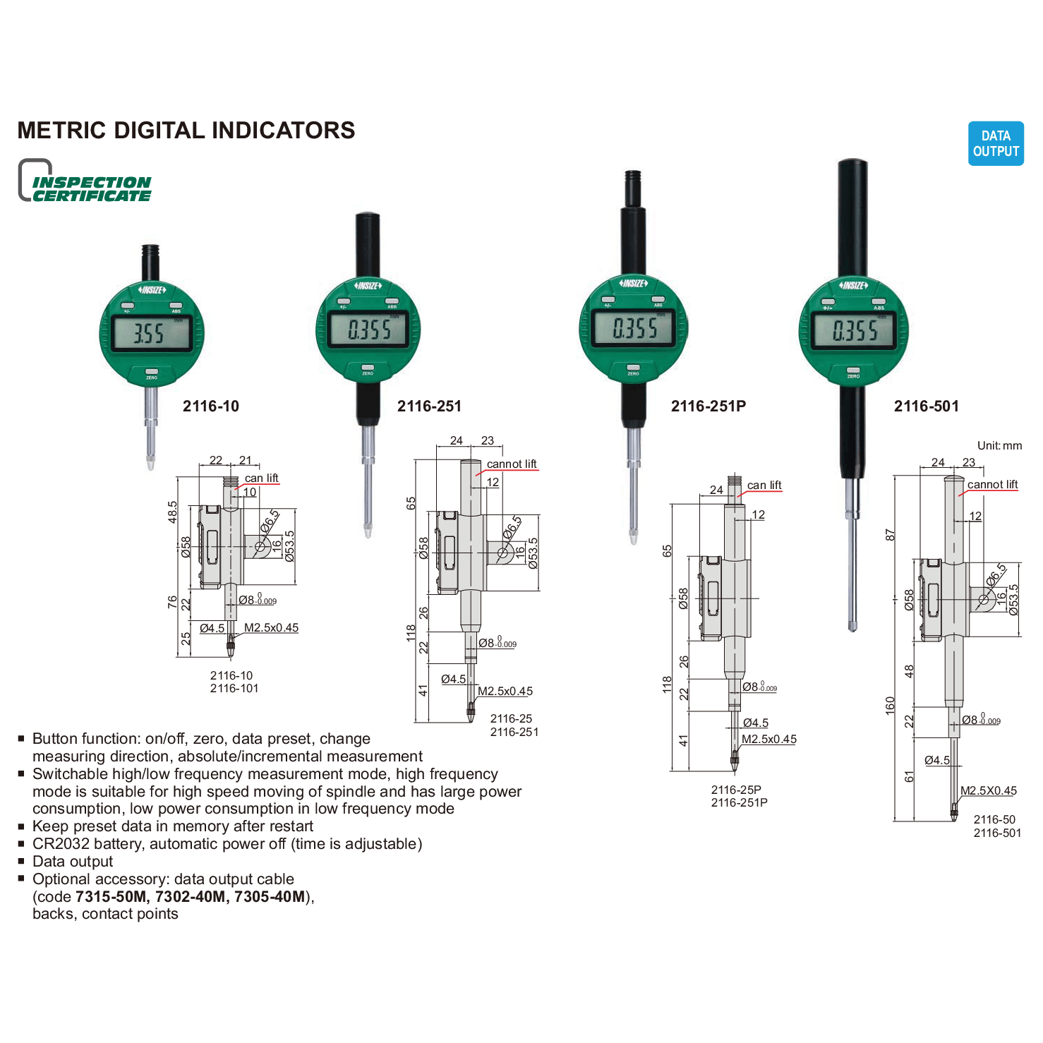 Insize Metric Digital Indicator 25.4mm Range Series 2116-25 - Twin Eagle Imports