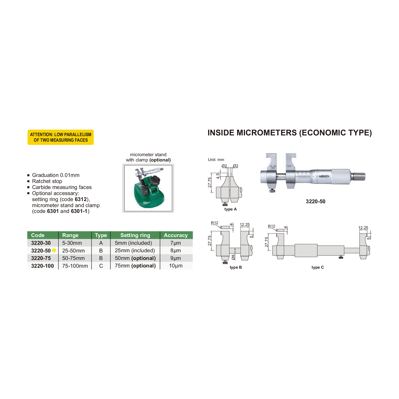 Insize Metric Inside Micrometer 25-50mm Range Series 3220-50 - Twin Eagle Imports