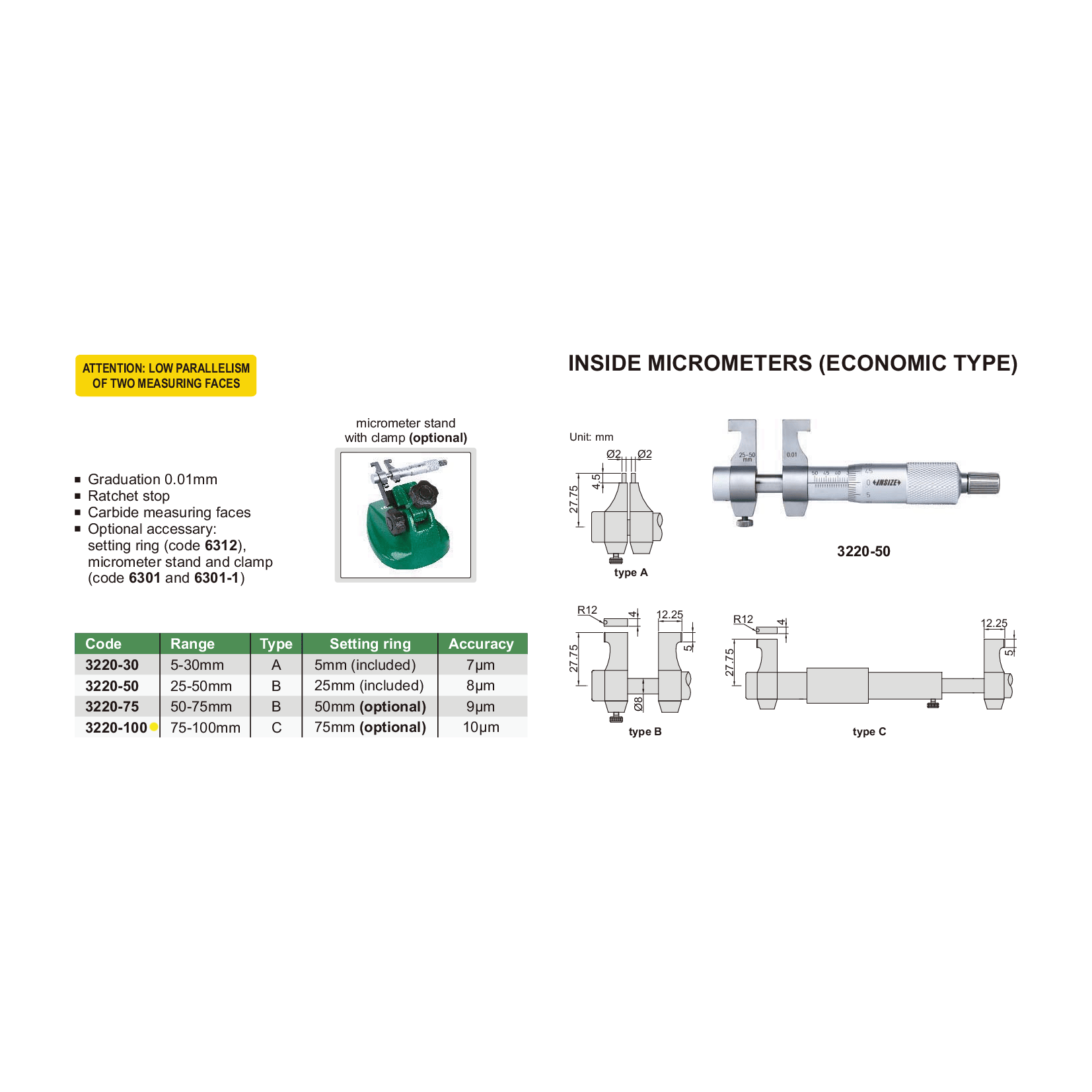 Insize Metric Inside Micrometer 75-100mm Range Series 3220-100 - Twin Eagle Imports