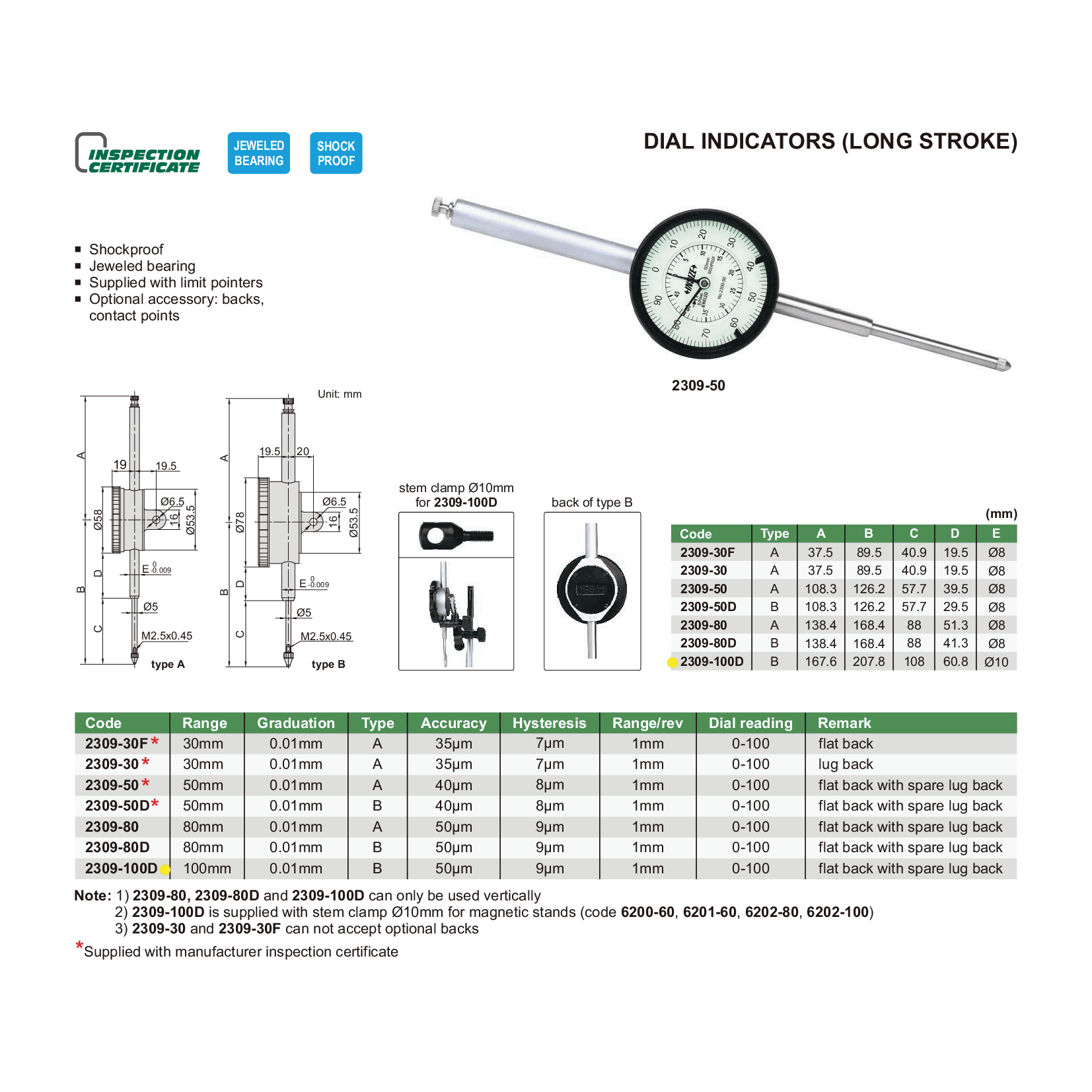 Insize Metric Long Stroke Dial Indicator 100mm Range Series 2309-100D - Twin Eagle Imports