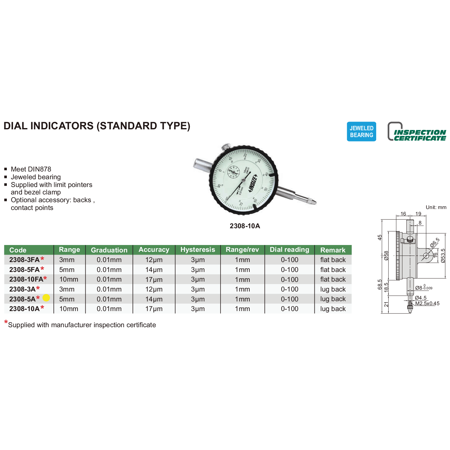 Insize Metric Lug Back Dial Indicator 5mm Range Series 2308-5A - Twin Eagle Imports