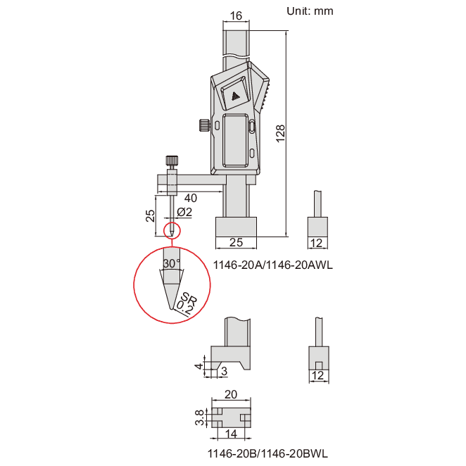 Insize Mini Digital Height Gauge 0-20mm/0-0.8" Range Series 1146-20B - Twin Eagle Imports
